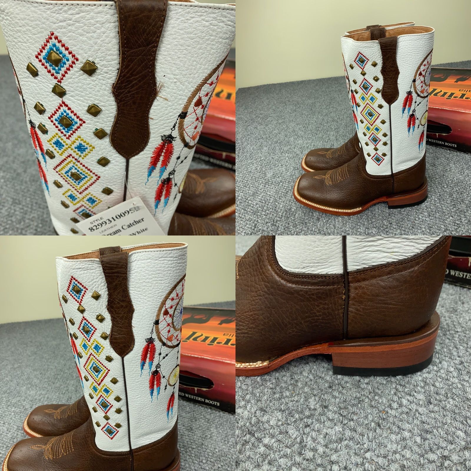 Vintage Ferrini Boots Women's Size 9.5 White Brown Dream Catcher Cowgirl Studded Leather Size US 9.5 / IT 39.5 - 8 Thumbnail