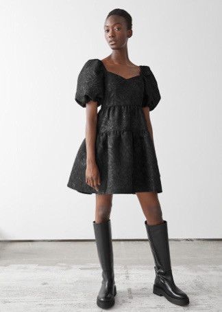 &Other Stories Wide Puff Sleeve Jacquard Mini Dress | Size 2 in Black, Women's (Size Xs)