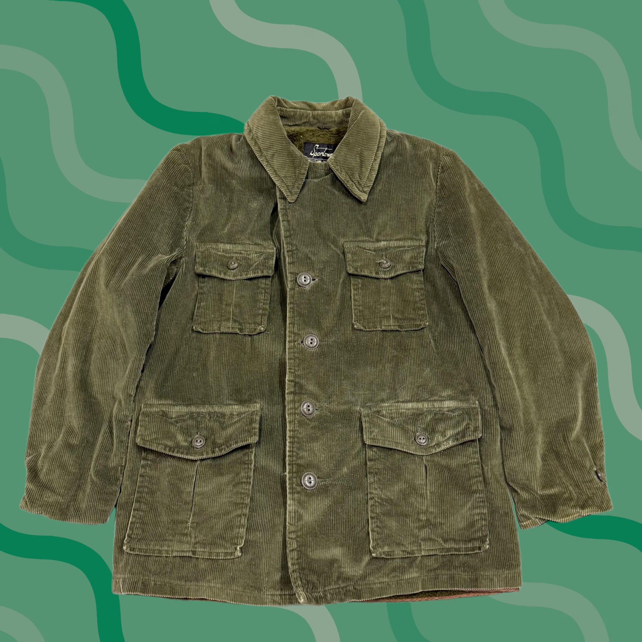 Sears Vintage Sears Coat Mens 42 Green Corduroy Field Military Faux Fur Lined Outdoor Coat Size US XS / EU 42 / 0 - 1 Thumbnail
