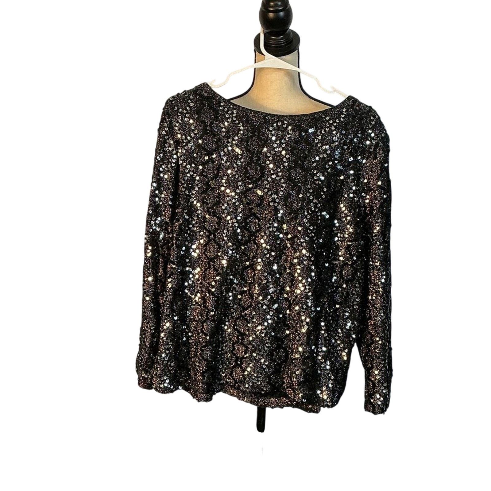 Other True Vintage Sequin Party Top Black Sparkle Evening Blouse Size L / US 10 / IT 46 - 2 Thumbnail