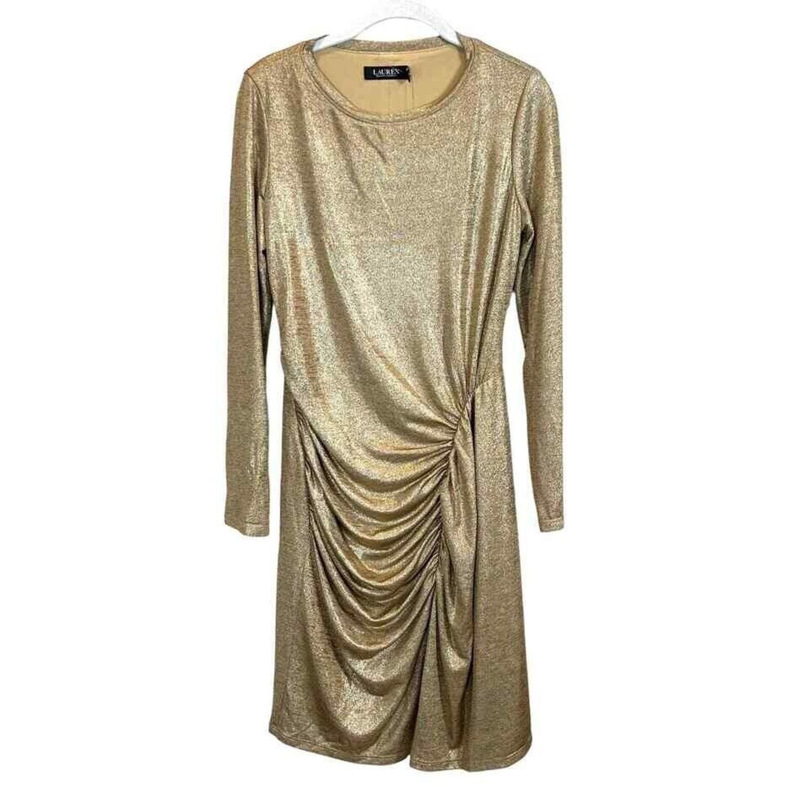 Ralph Lauren RALPH LAUREN GOLD FOIL LAME RUCHED LONG SLEEVE DRESS SZ 14 Size XL / US 12-14 / IT 48-50 - 5 Thumbnail