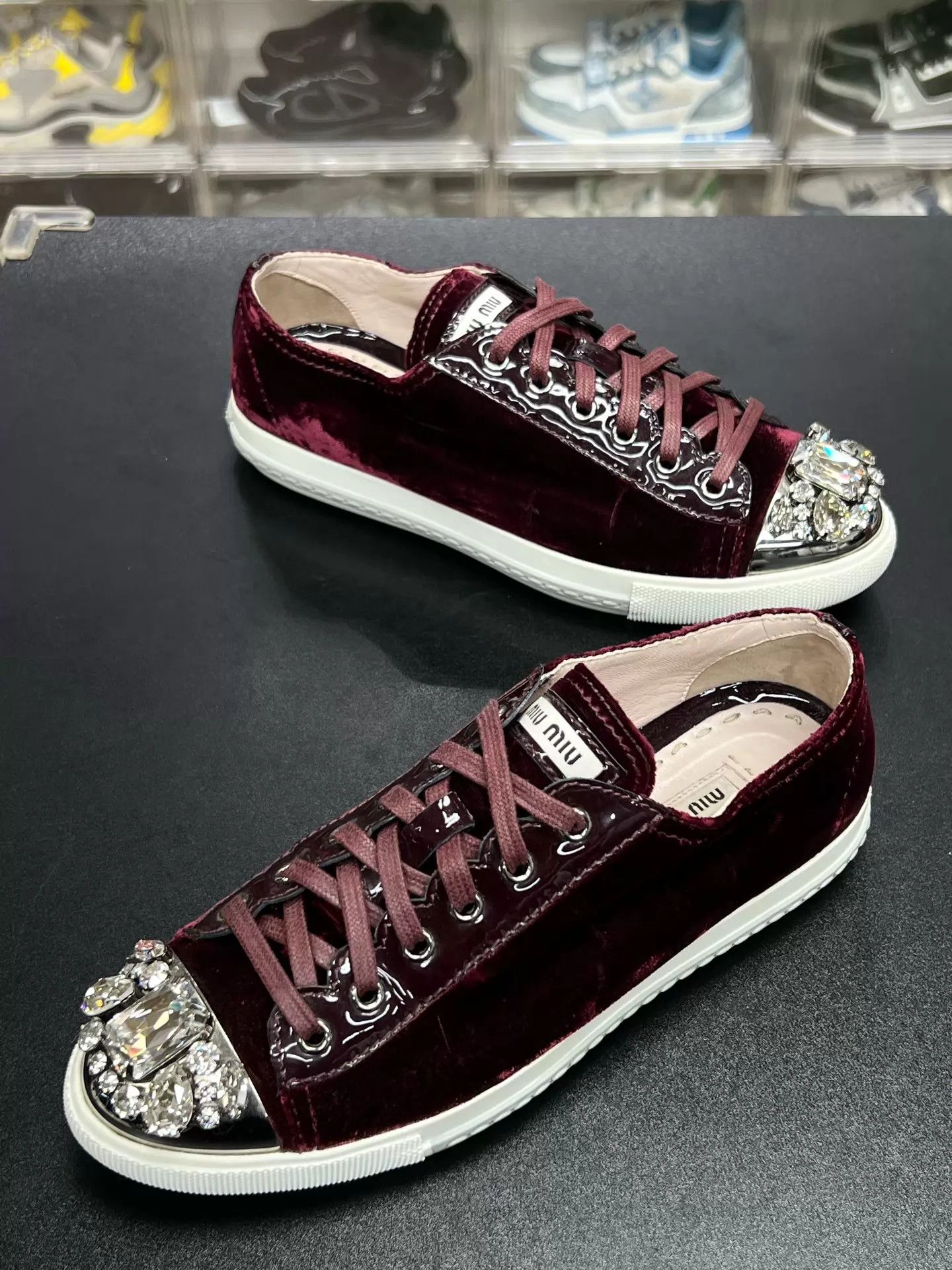 Miu Miu MIU MIU Burgundy Suede Crystal Sneakers EU37 Low Wear Size US 6.5 / IT 36.5 - 1 Thumbnail