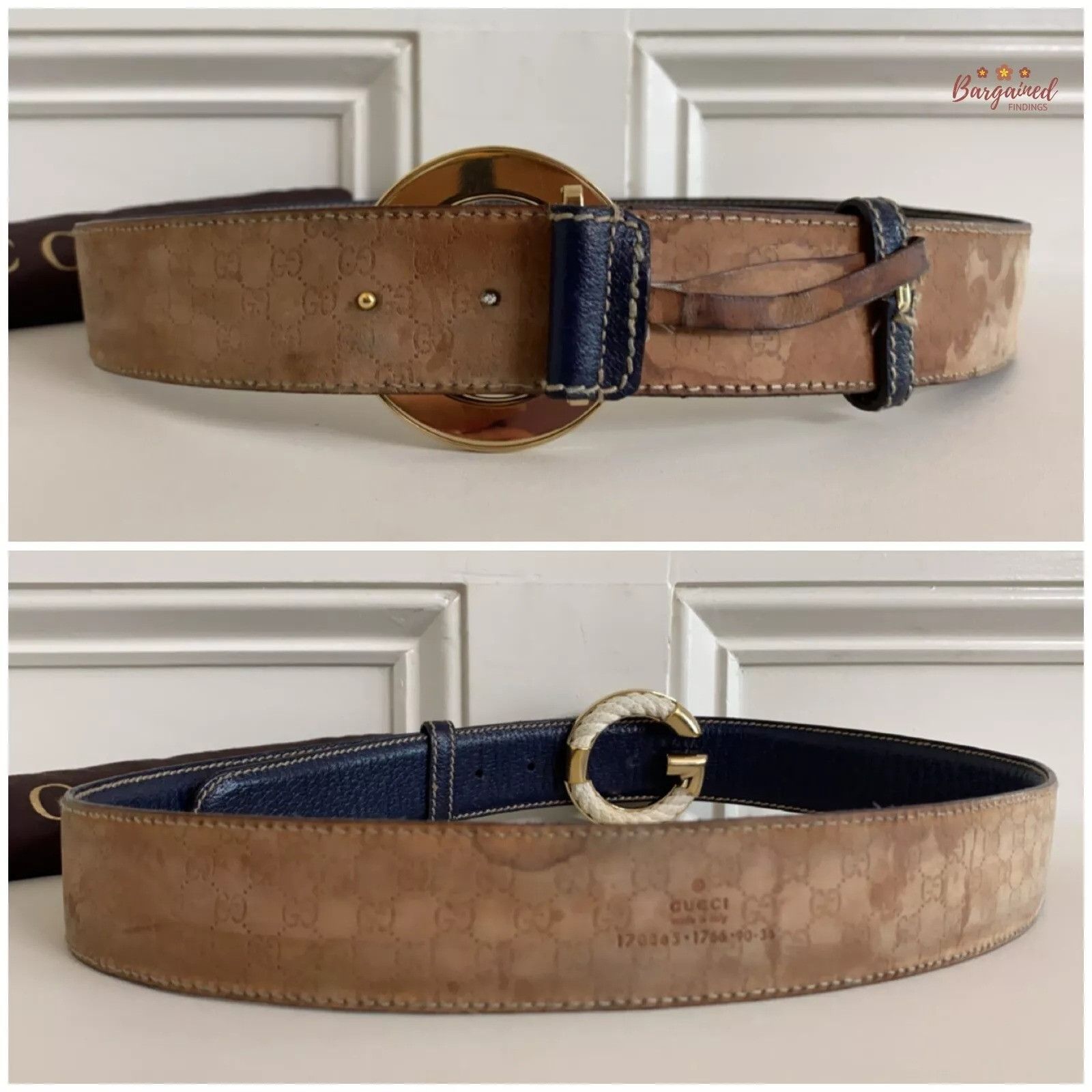 Gucci GUCCI Navy Calfskin Leather Gold Braided G Logo Buckle Belt Size 32 - 7 Thumbnail