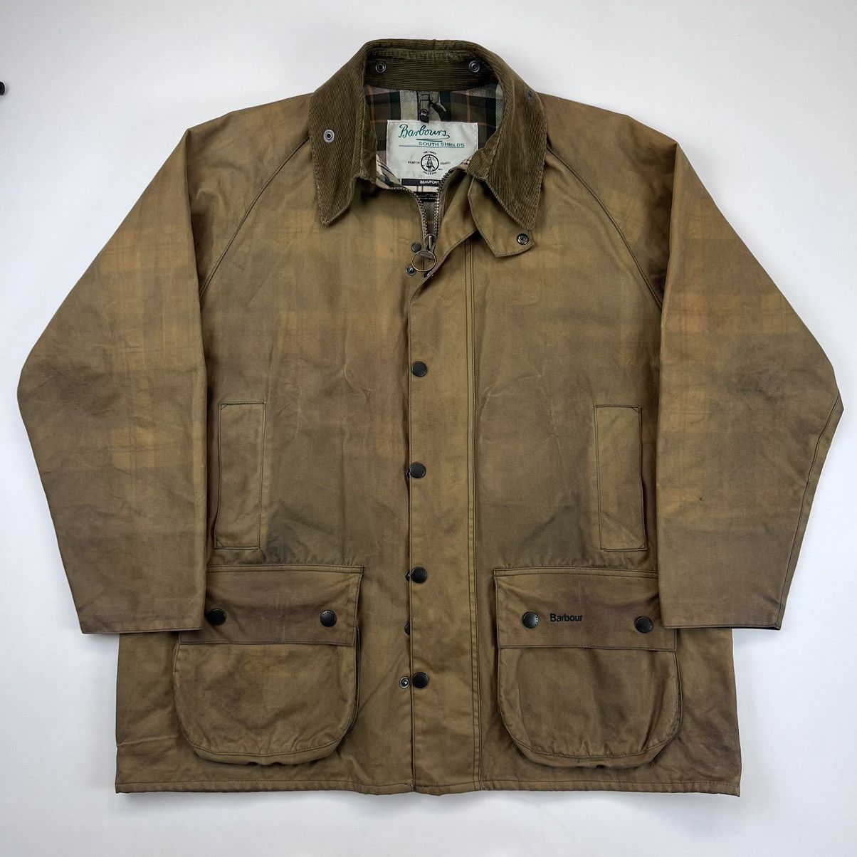 image of Vintage Barbour Beaufort Checked Wax Jacket in Beige, Men's (Size XL)