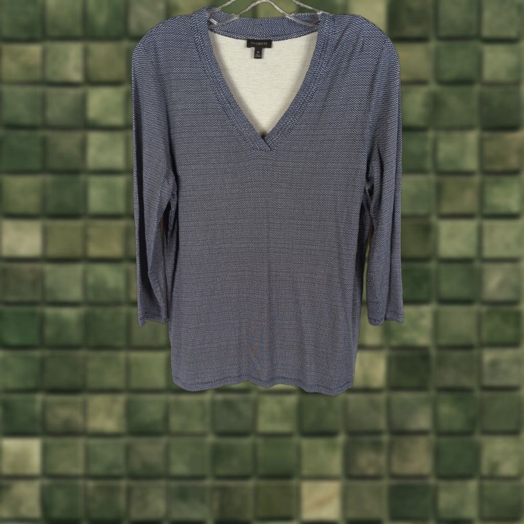 Talbots Talbots Blouse Women's Medium Navy Geometric V-Neck 3/4 Sleeve Shirt Casual Pullover Top Size M / US 6-8 / IT 42-44 - 1 Thumbnail