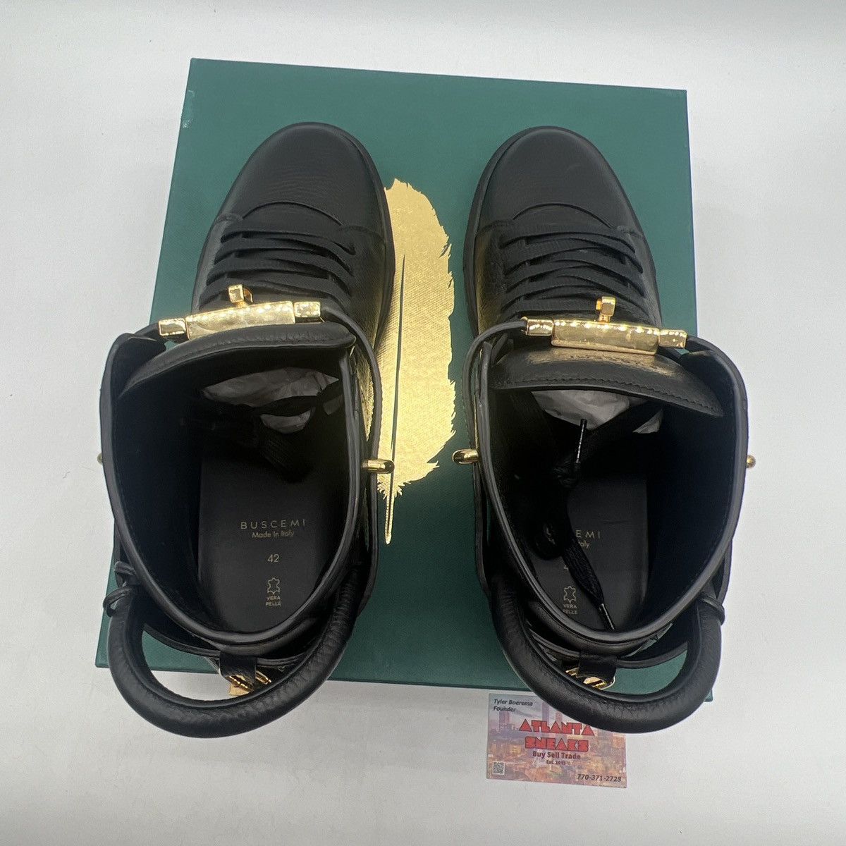 Barneys New York Buscemi 100MM Mid Top Sneakers Black Leather Gold Trainers Size US 9 / EU 42 - 7 Thumbnail