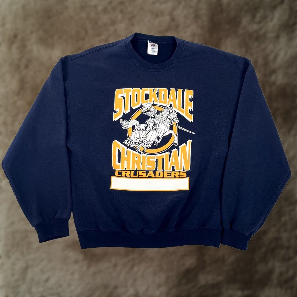 Jerzees VINTAGE Stockdale Christian Crusaders Sweatshirt Mens L Blue Graphic Print Jerzees NuBlend Crew Neck Pullover Size US L / EU 52-54 / 3 - 1 Thumbnail