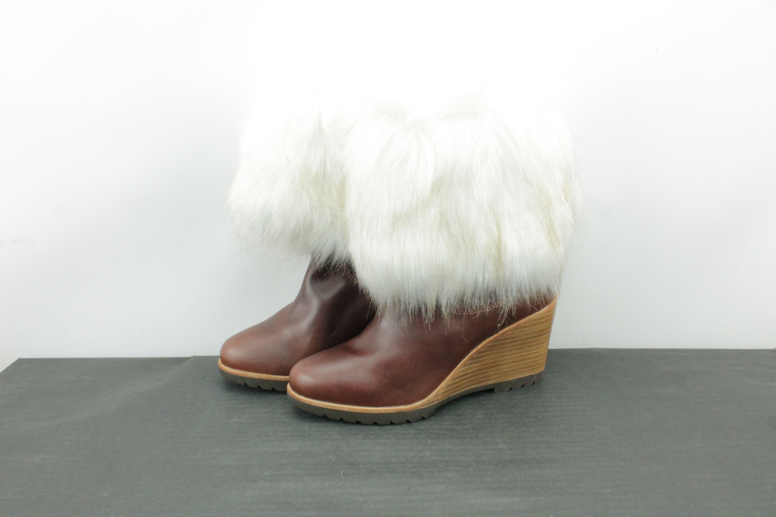 SOREL Sorel Park City Lux Brown Leather Wedge Booties Faux Fur Size US 8 / IT 38 - 4 Thumbnail