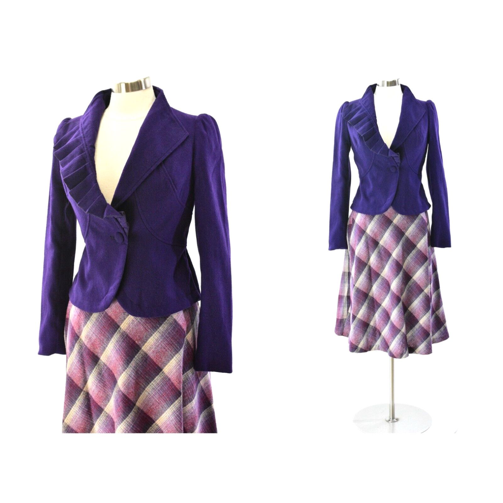image of 70's Vintage Meets Modern Skirt Suit Womens S Purple Peplum Waist Blazer in White