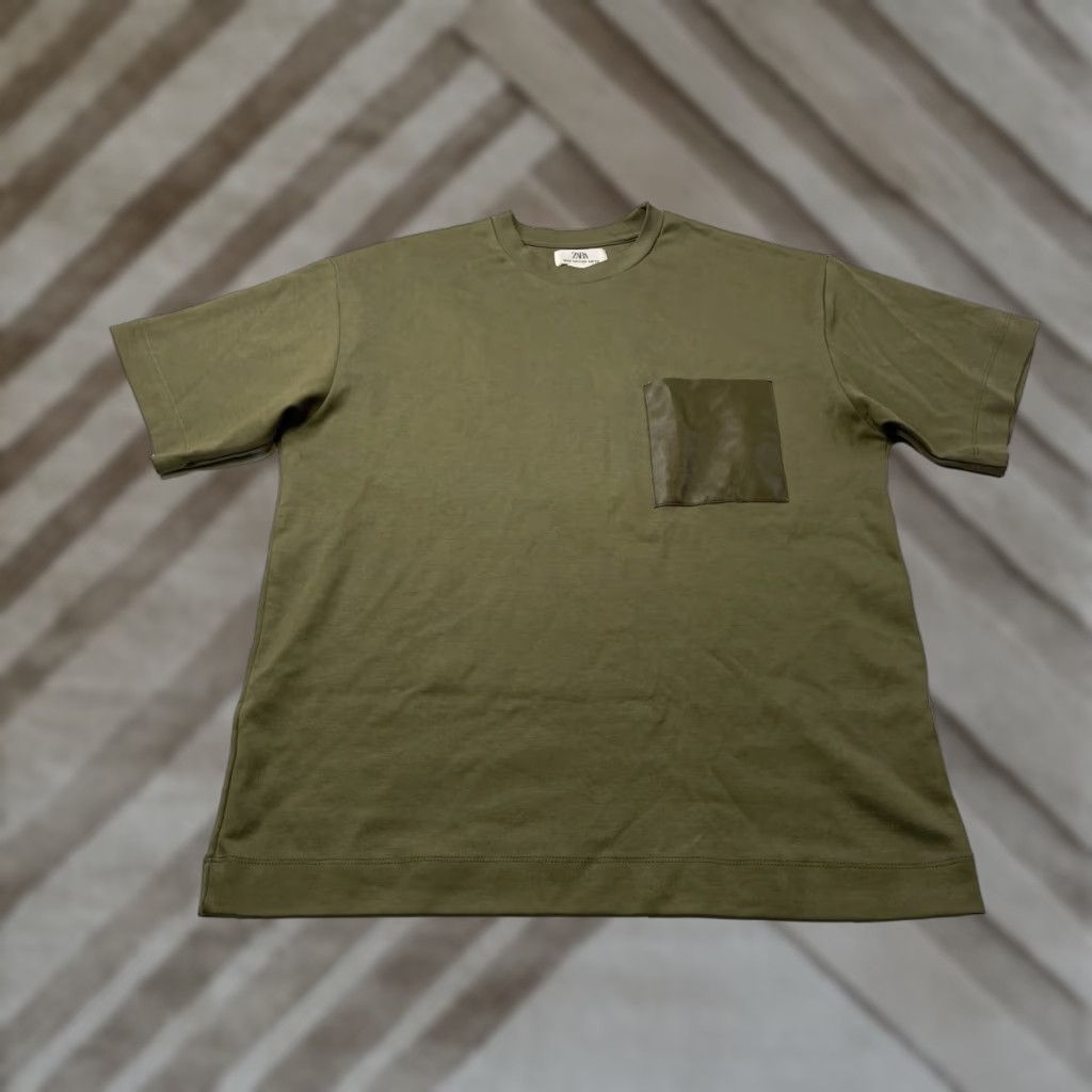 Zara Zara Man T-Shirt Green Medium Pocket Leather Heavyweights AW 23 Limited Edition Mens M Size US M / EU 48-50 / 2 - 1 Thumbnail