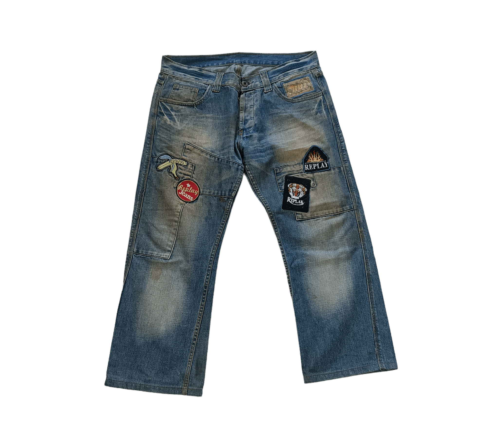 image of Distressed Denim x Replay Vintage Replay Baggy Patched Denim Jeans Pant in Blue, Men's (Size 35)