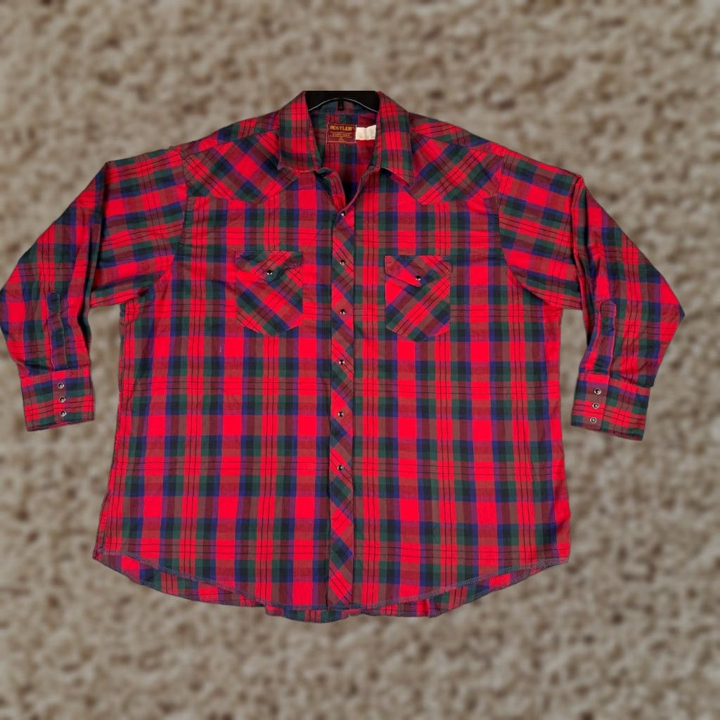 Vintage Rustler Shirt Mens 20 Red Plaid Long Sleeve X-Long Button-Up Cowboy Western American Mens Size US XXL / EU 58 / 5 - 1 Thumbnail