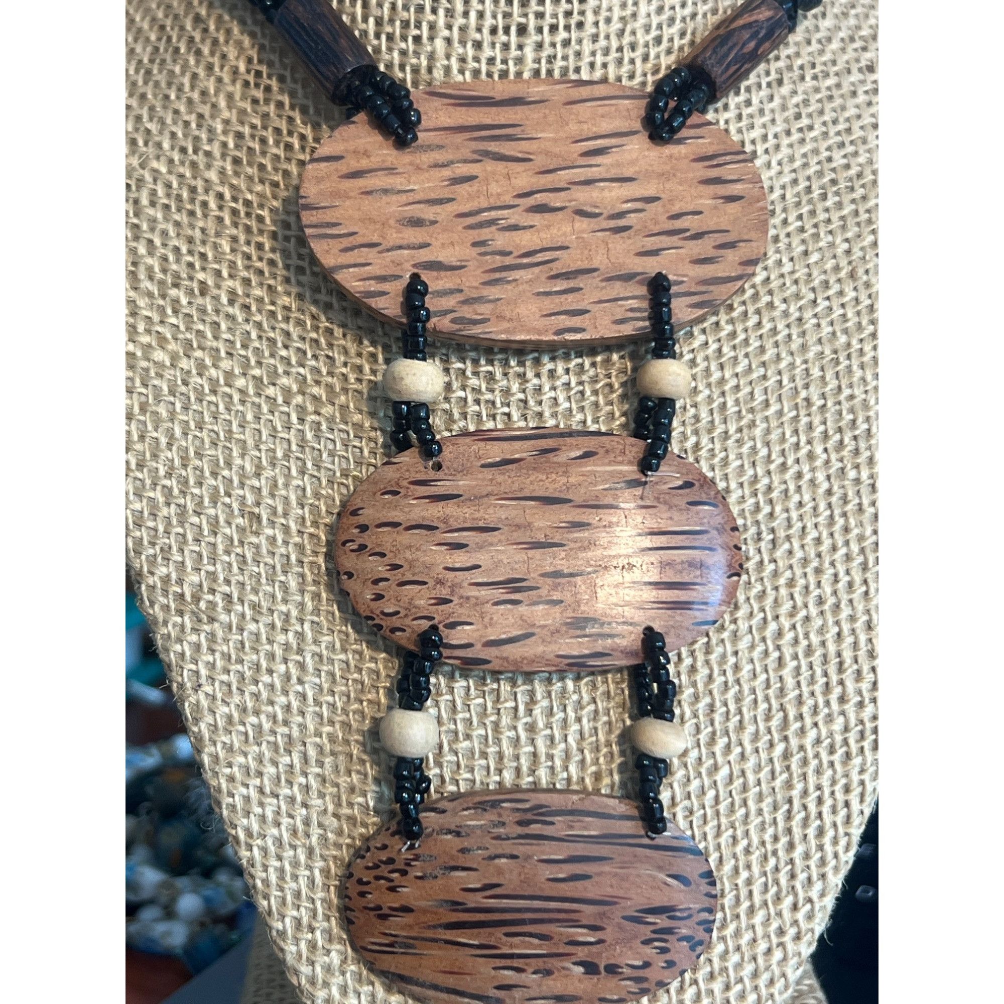 Other Vintage Black Seed Bead Twist Necklace Wood Pendant Collar B Size ONE SIZE - 2 Thumbnail
