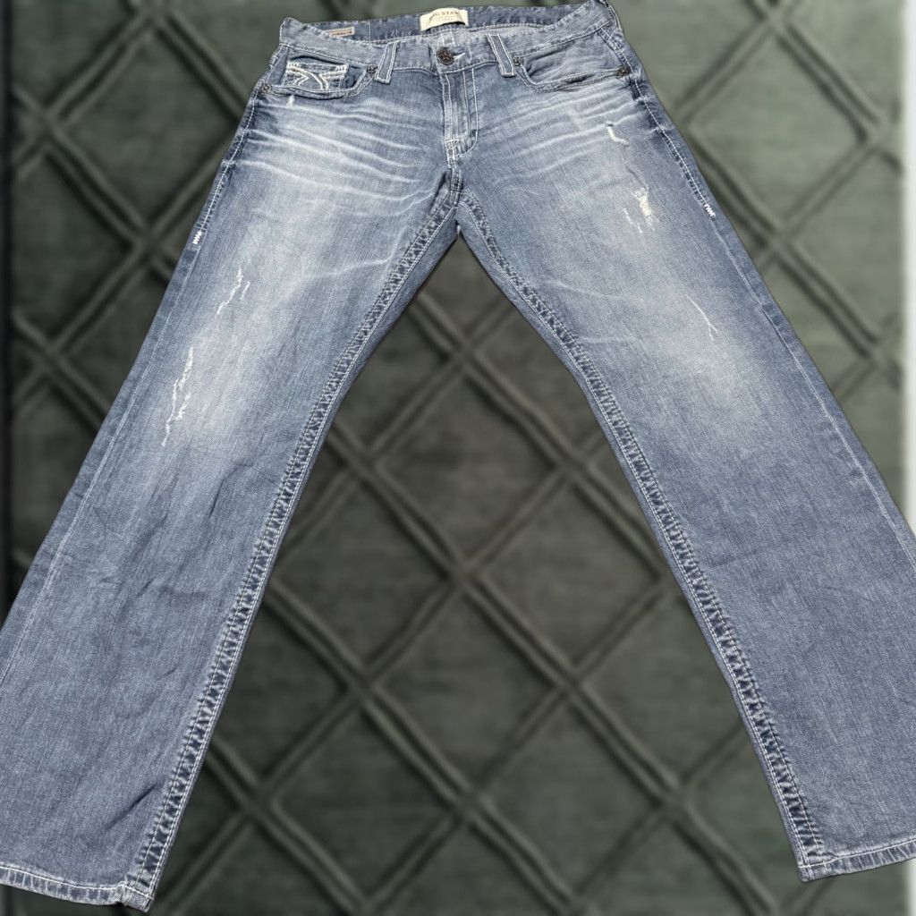 Vintage Buckle Big Star Jeans Men Blue Vintage Voyager Straight Stretch Distressed - 33 City Logo 5-Pocket Size US 33 - 1 Thumbnail
