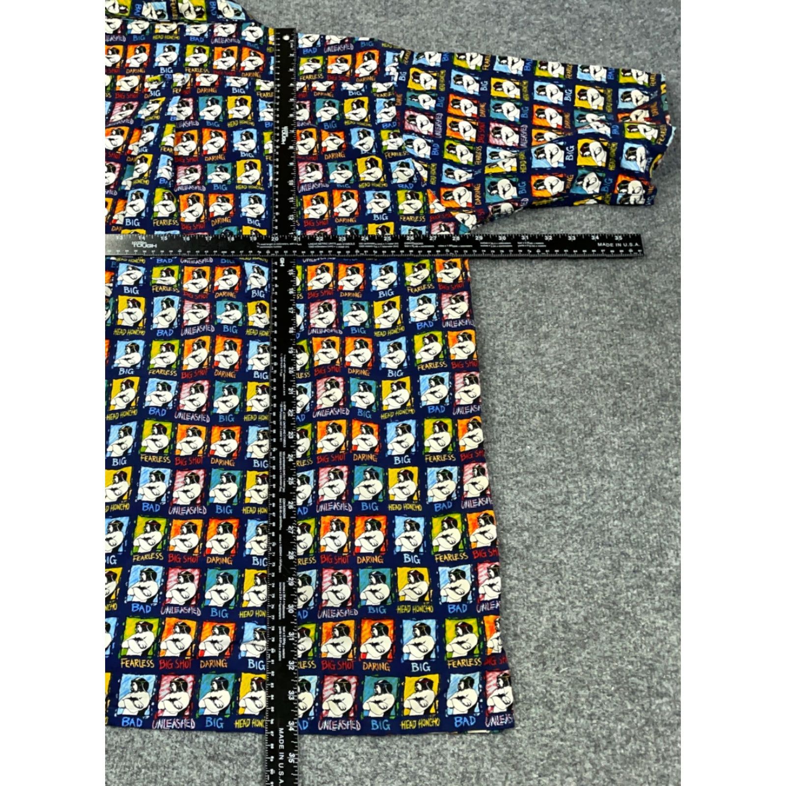 VINTAGE Big Dogs Big Shot Artwork Button-Up Shirt Adult 2XL Tall Multicolor Geometric Short Sleeve Casual Mens