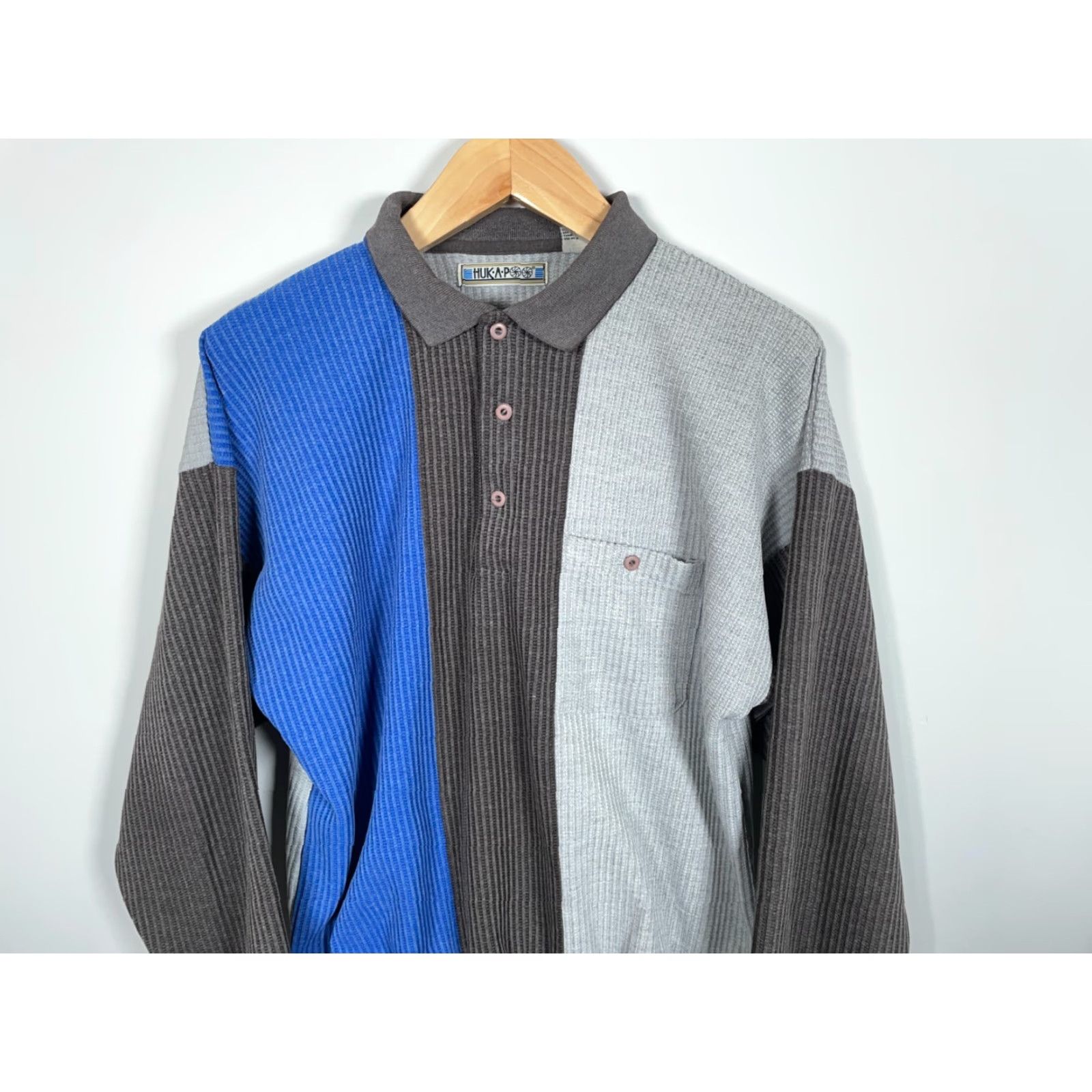 Vintage 80s Waffle Knit Long Sleeve Polo Shirt Adult Large Gray Blue Striped Huk-a-poo Size US L / EU 52-54 / 3 - 4 Thumbnail