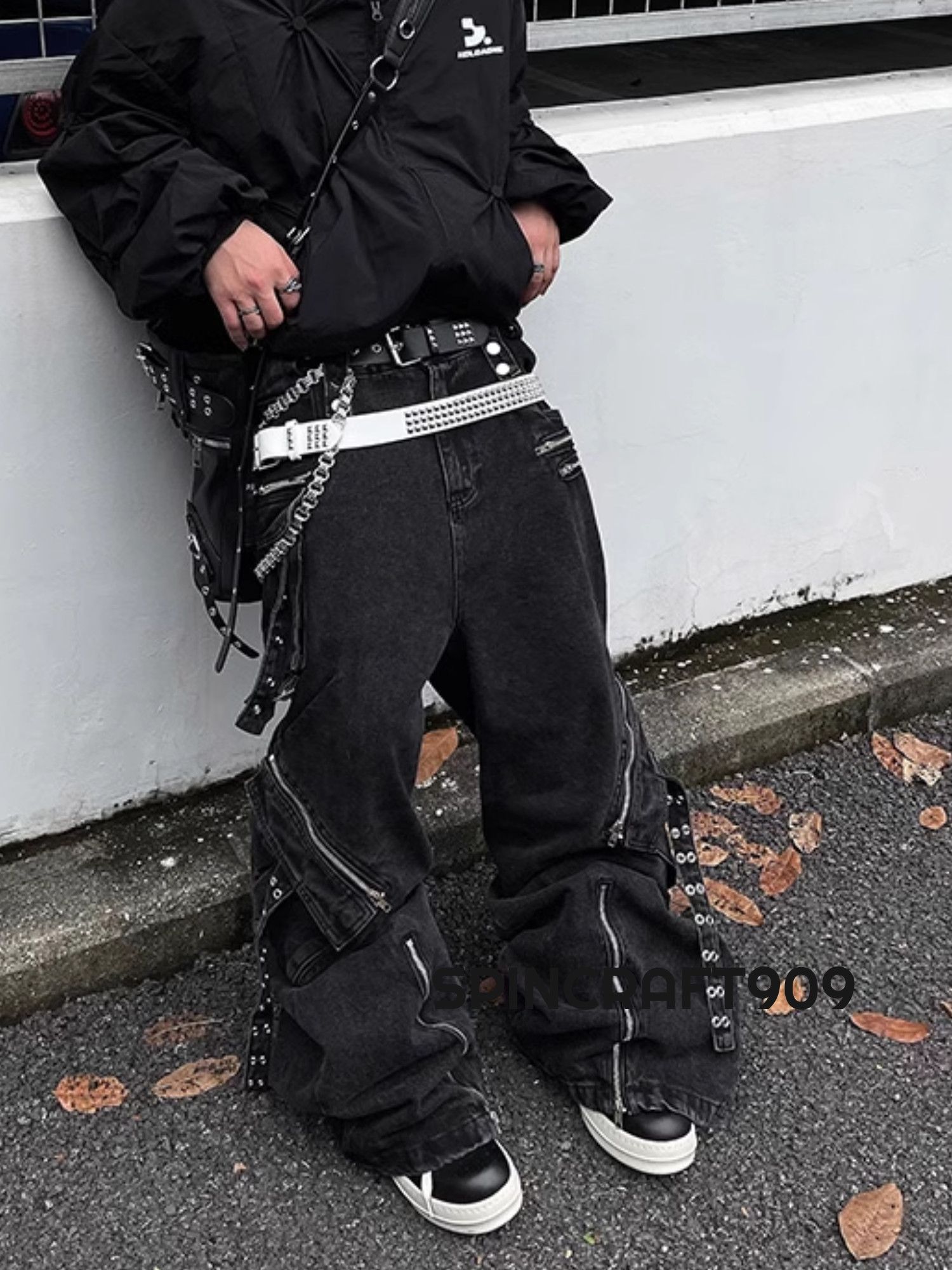 Black Cargo Opium y2k Baggy Denim Jeans with Straps