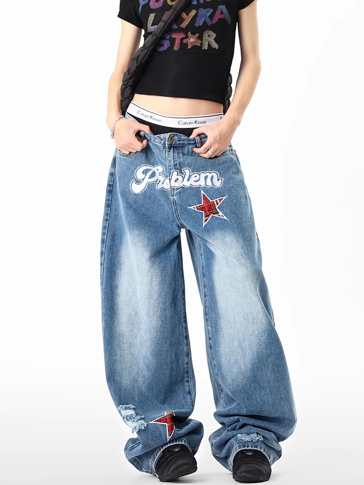 Japanese Brand Men's hip-hop casual loose star-patterned ripped jeans Size US 32 / EU 48 - 2 Thumbnail