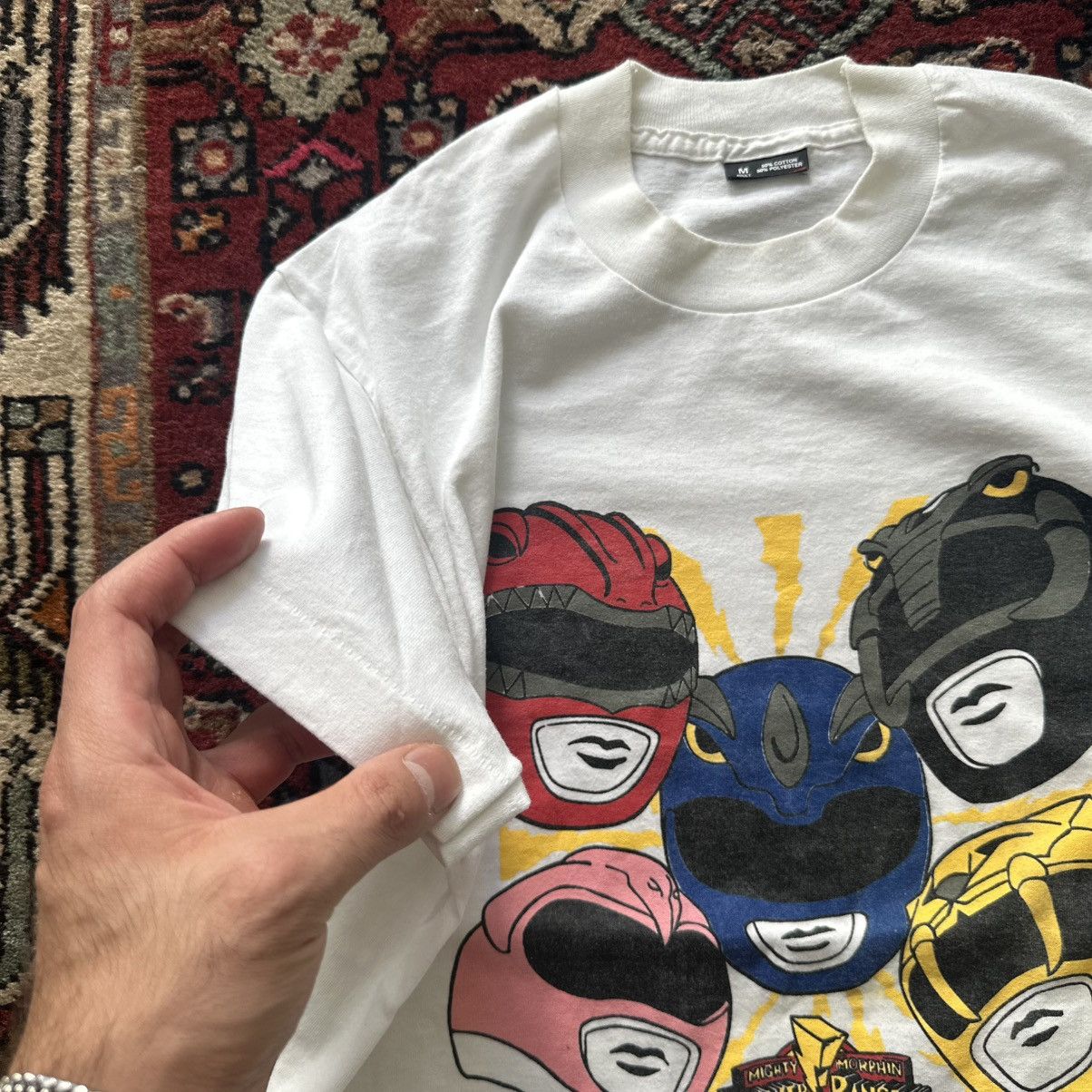 Vintage Vintage 90s Power Rangers Helmet Graphic Tee Size M White Size US M / EU 48-50 / 2 - 6 Thumbnail