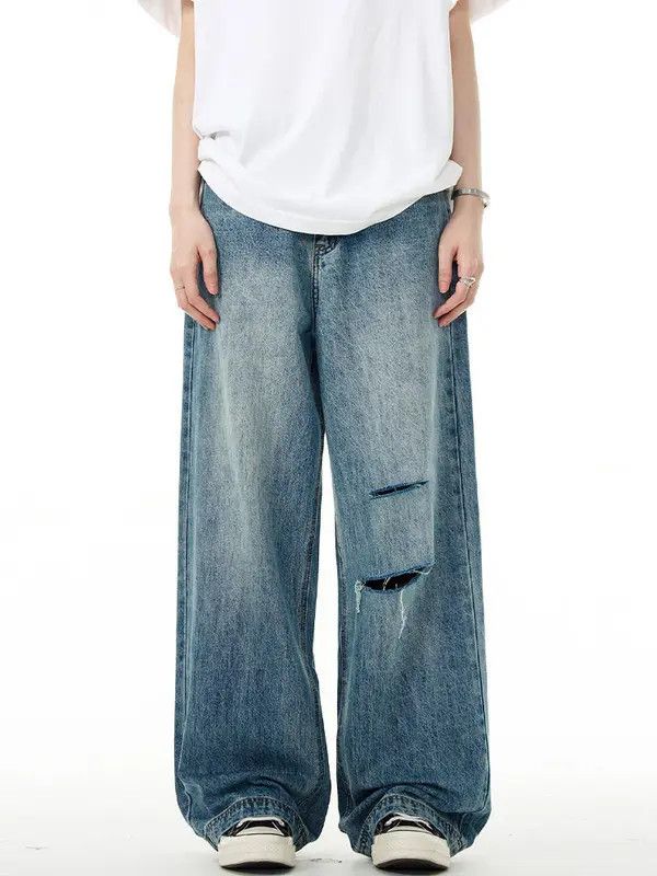 Japanese Brand x Iyo "Blue men's casual all-match loose washed ripped jeans Size US 32 / EU 48 - 2 Thumbnail