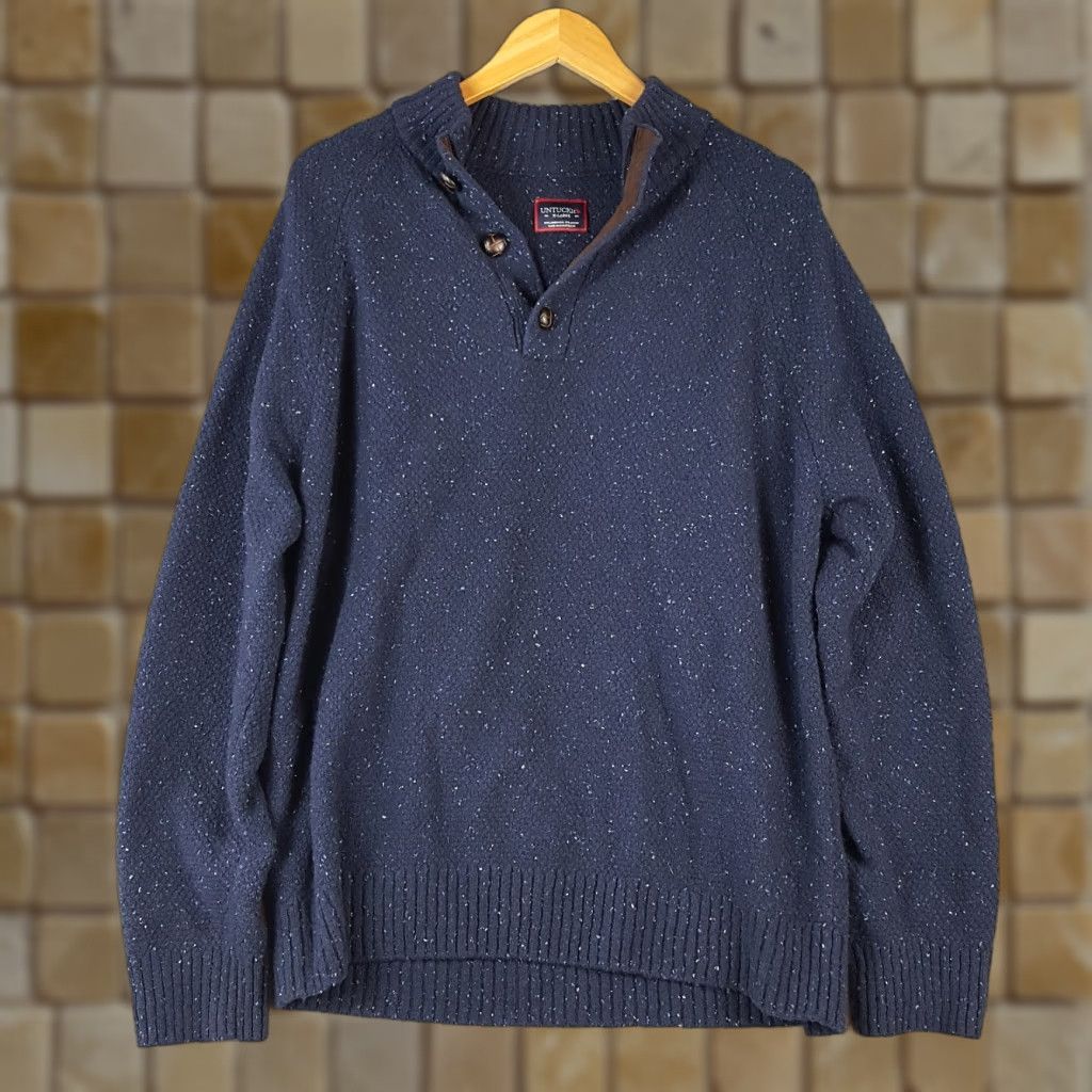 UNTUCKit UNTUCKit Wool Knit Pullover Men's Size XL Navy Blue Button Lambswool Sweater Size US XL / EU 56 / 4 - 1 Thumbnail