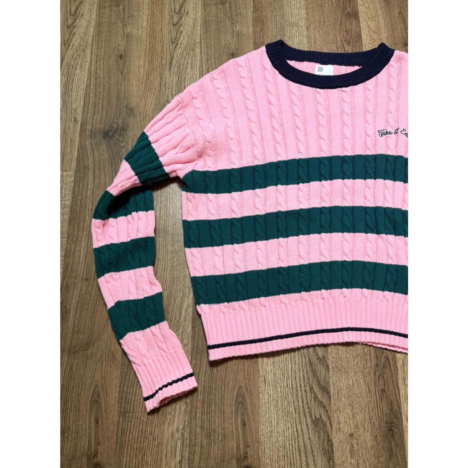 Vintage All in Motion Sweater Women's Medium Pink Blue Green Striped "Take it Easy" Size M / US 6-8 / IT 42-44 - 3 Thumbnail