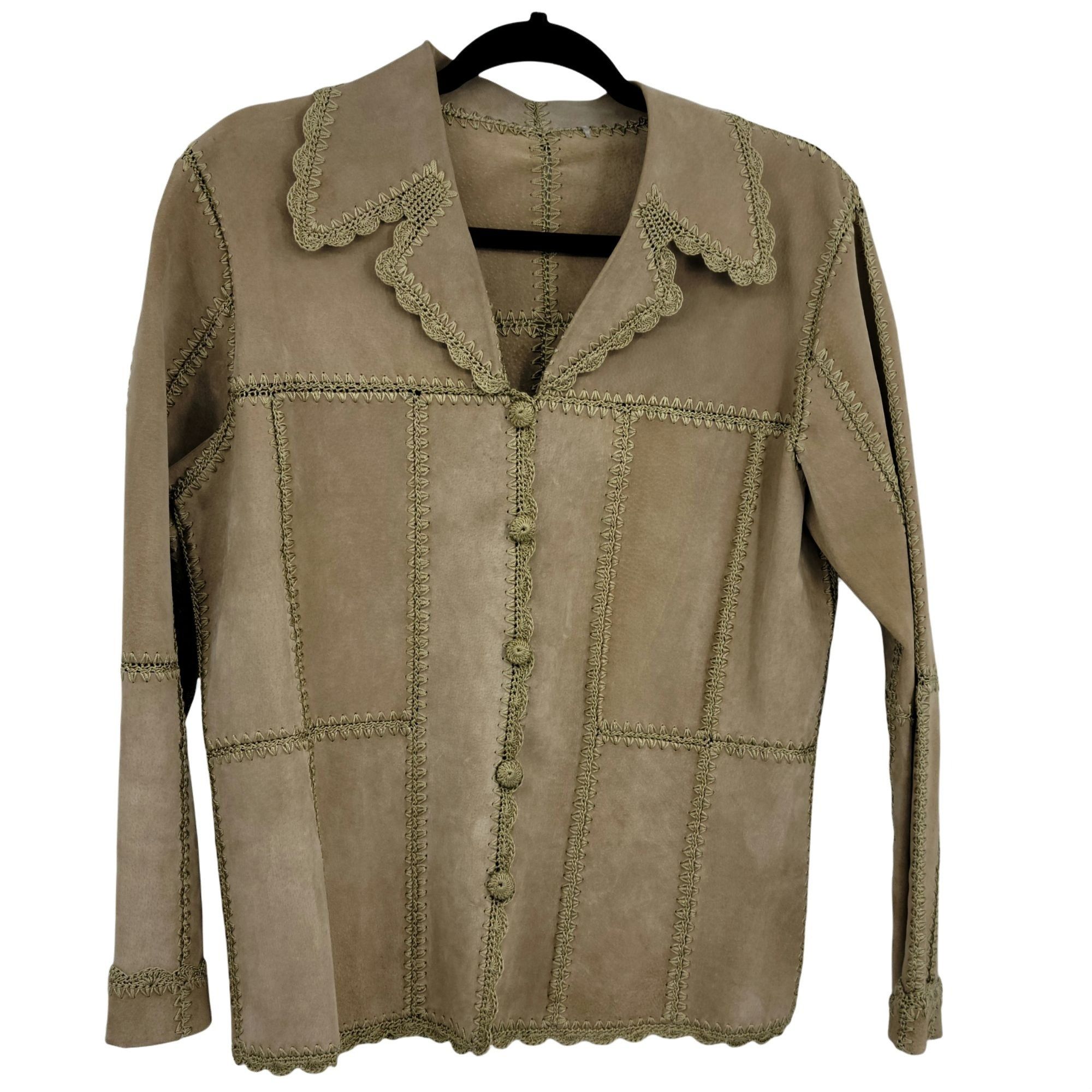 Vintage Vtg Boho Leather Shacket Jacket Sz M Tan Crochet Patchwork S Size M / US 6-8 / IT 42-44 - 1 Thumbnail