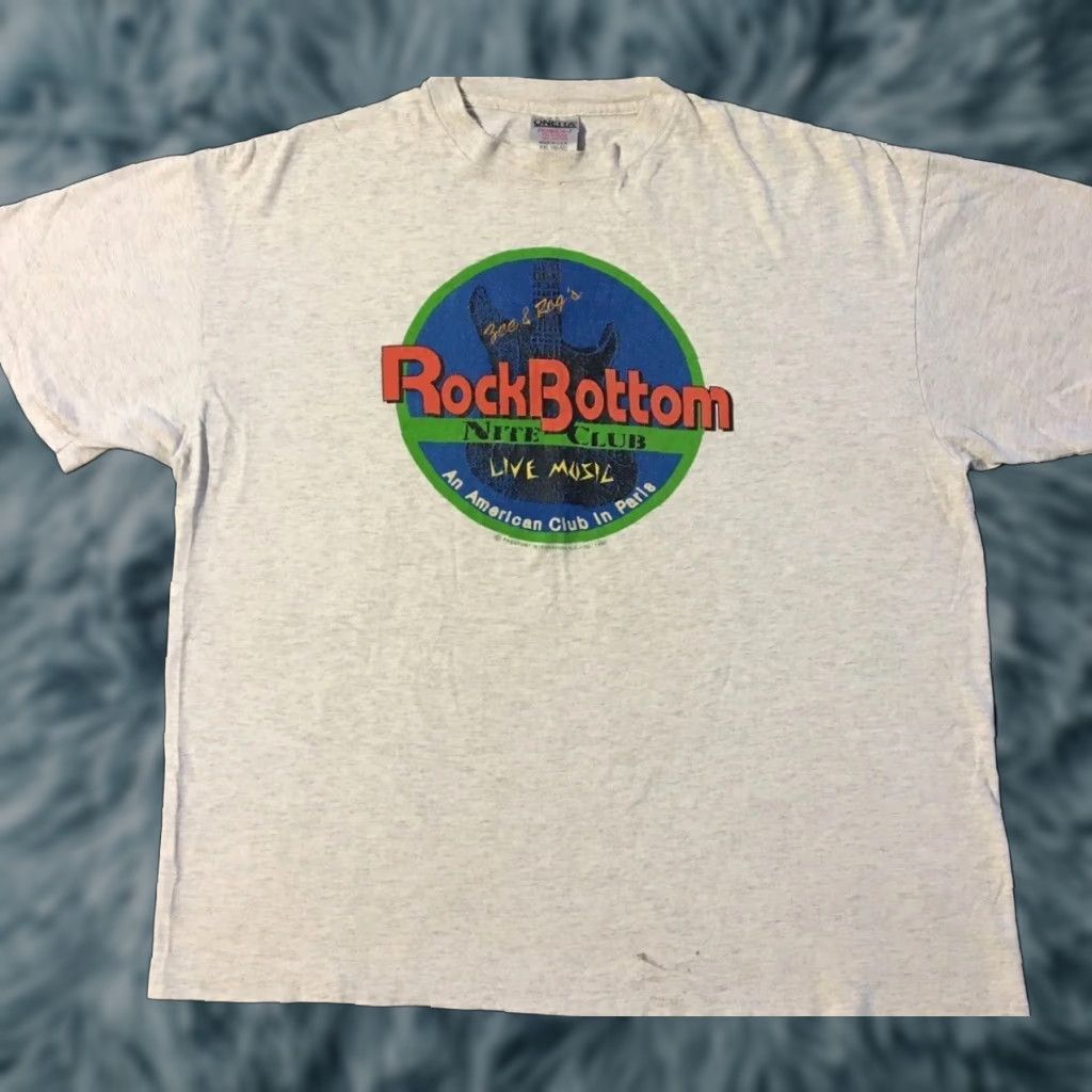 VINTAGE 90s Rock Bottom Night Club Paris Faded Distress Shirt 2XL Gray Men T-Shirt Short Sleeve Single Stitch