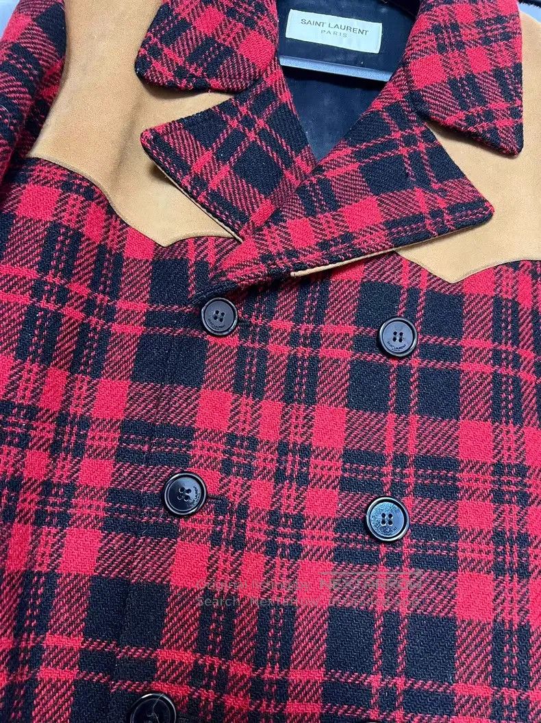 Saint Laurent Paris Saint Laurent Paris Suede Patchwork Red Plaid Wool Coat Size US M / EU 48-50 / 2 - 4 Thumbnail