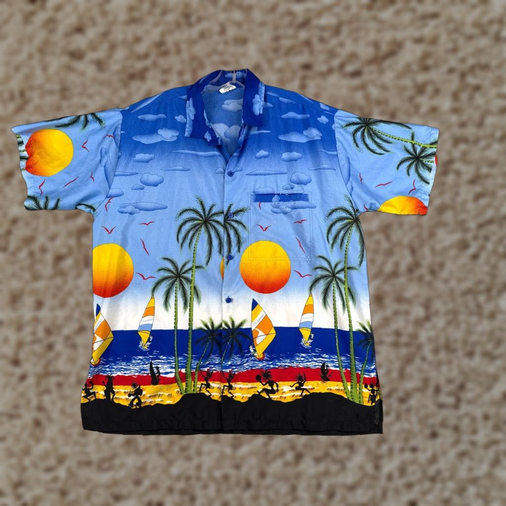 Vintage Happy Bay Shirt Men Large Blue Palm Tree 100% Terivoile Sunset Beach Hawaiian Size US L / EU 52-54 / 3 - 1 Thumbnail