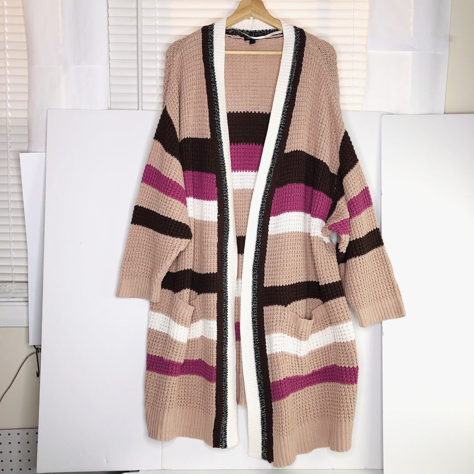 Torrid Torrid Striped Open Front Pocket Cardigan Sz 5X Pink Brown Size ONE SIZE - 2 Thumbnail