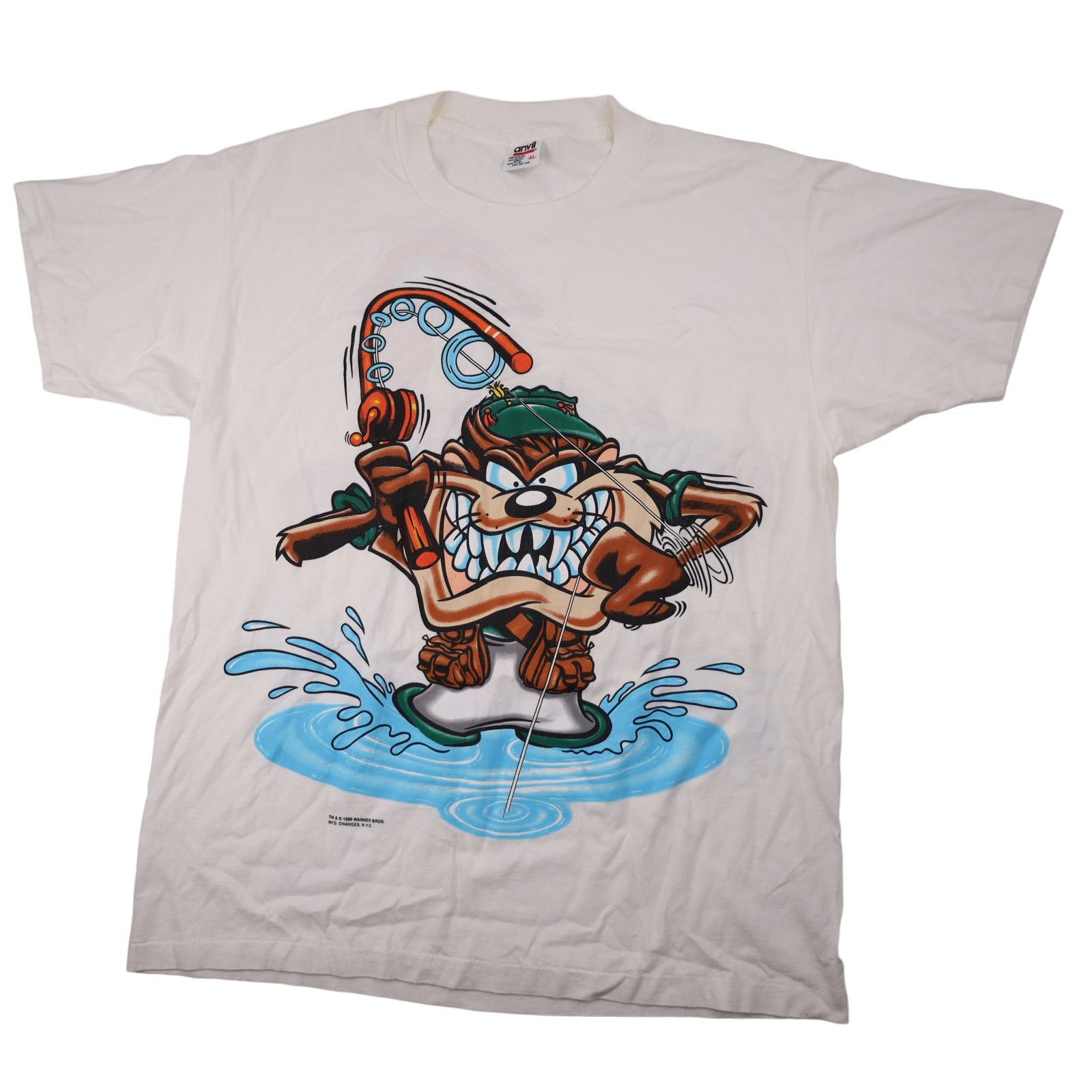 Image of Vintage Looney Tunes Fishing Taz Front Back Print Graphic T in White, Men's (Size XL)