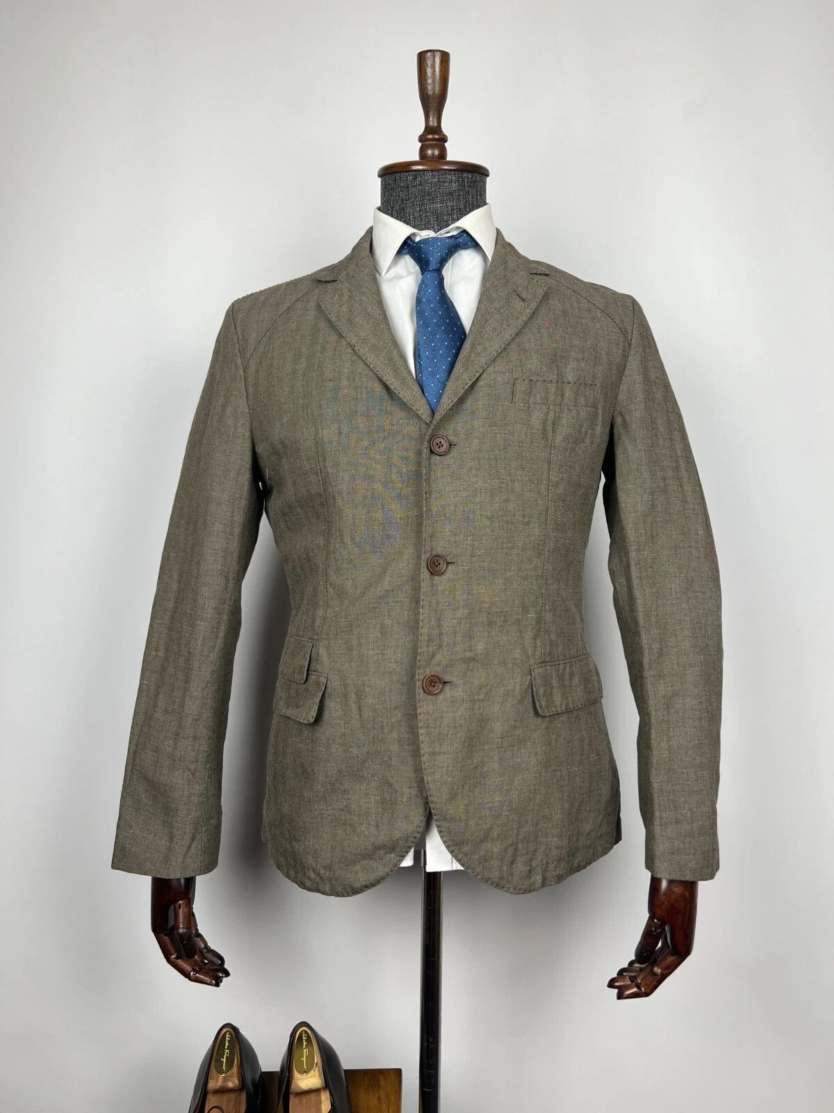 Hugo Boss Hugo Boss Handcrafted Brown Linen Cotton Herringbone Blazer Size 40R - 3 Thumbnail
