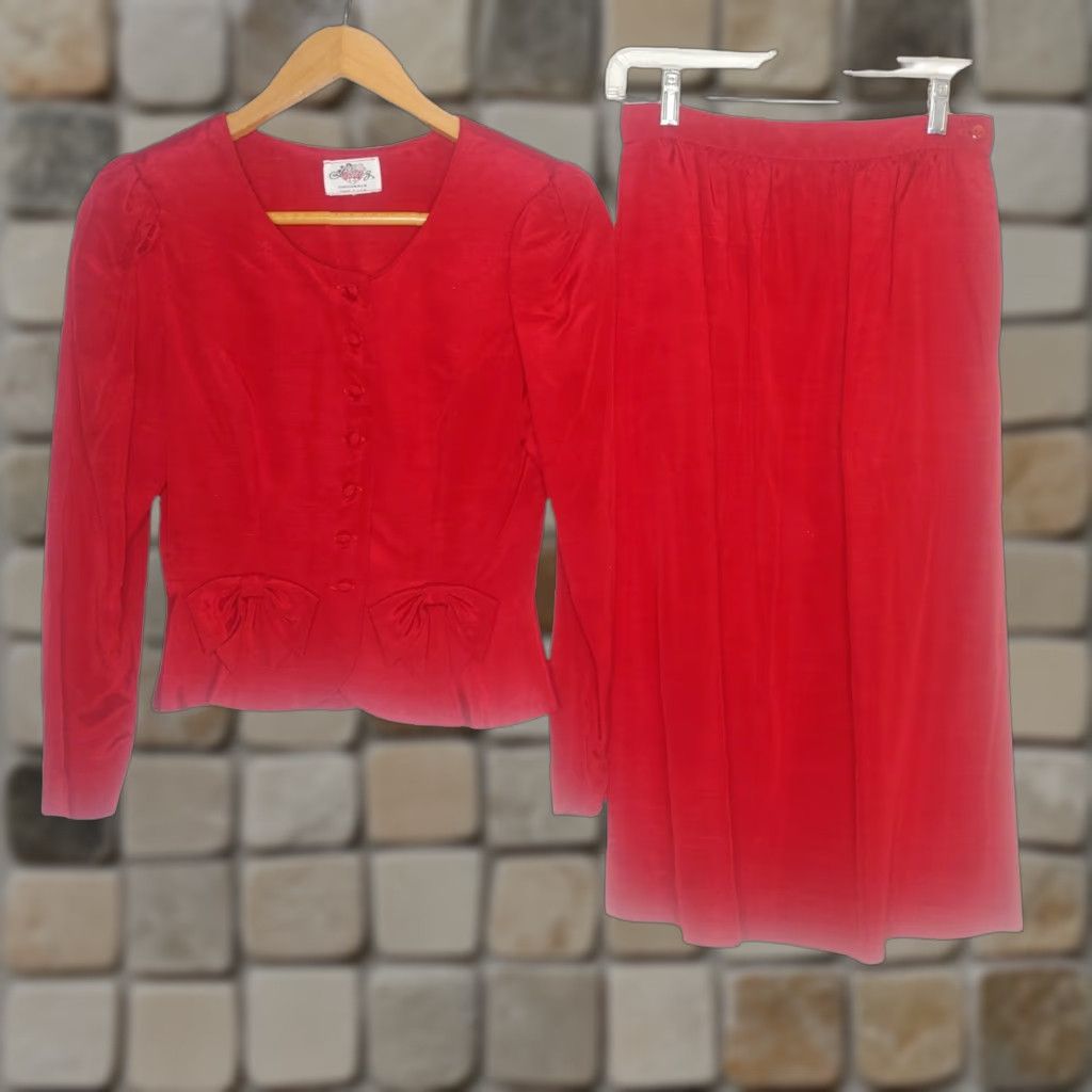 VINTAGE Lanz Outfit Set Women's 2-Piece Formal Red Bow Skirt & Top 8 Adult