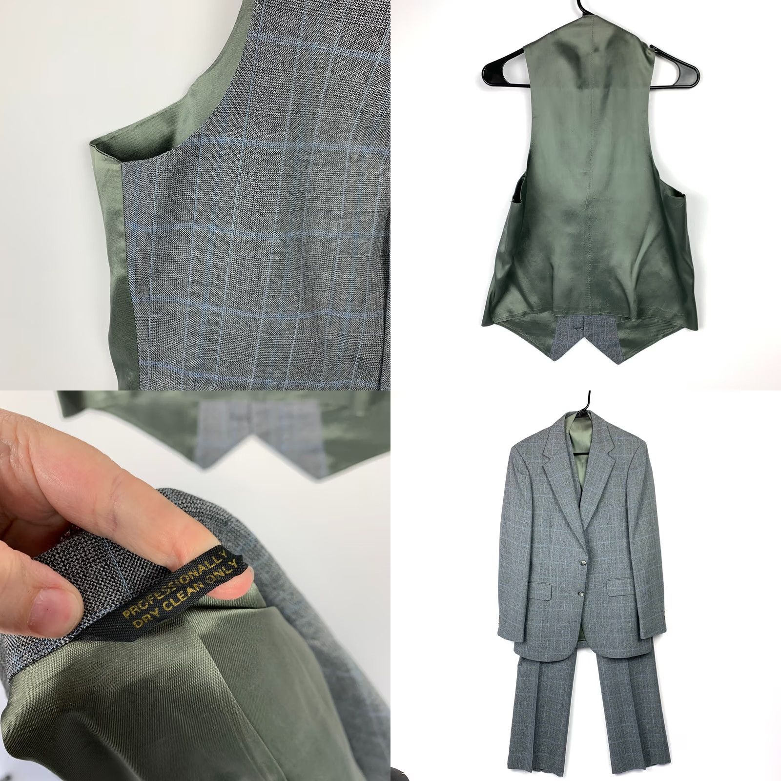 George VINTAGE Allyn St George Plaid Bespoke Blue Gray 3 Three Piece Suit 40 x 34.5 Mens Pants Jacket Vest Chest 20" Waist 19" Inseam 34.5" Gray 1980s Size 40R - 8 Thumbnail