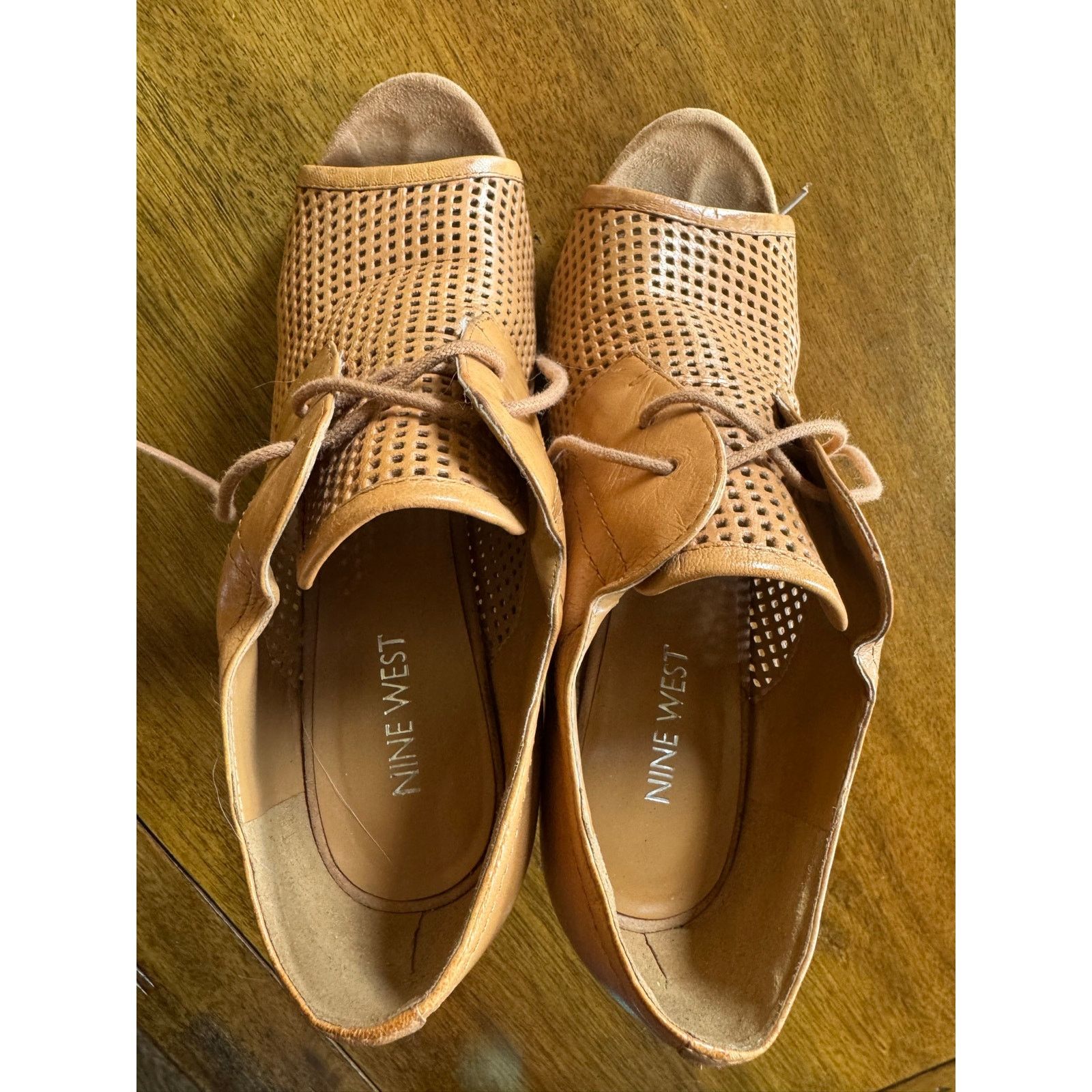 Nine West Nine West Tan Leather Peep Toe Booties Lace Up Heel 7.5M Size US 7.5 / IT 37.5 - 2 Thumbnail