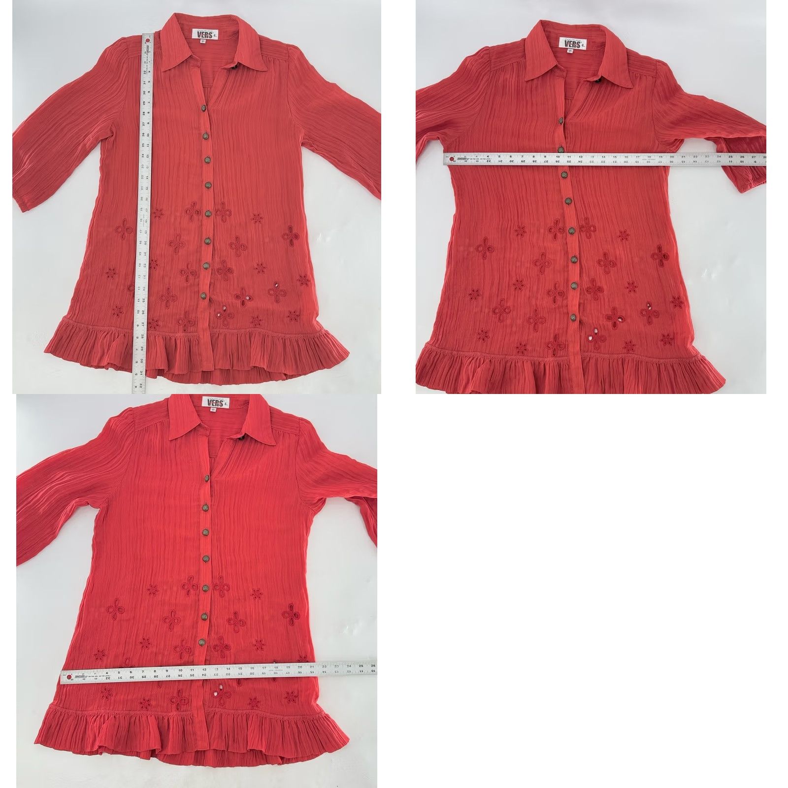 Vintage Couture Vers Yours Women's Red Embroidered Tunic Blouse L Boho Floral Button-Up Long Sleeve Size L / US 10 / IT 46 - 8 Thumbnail