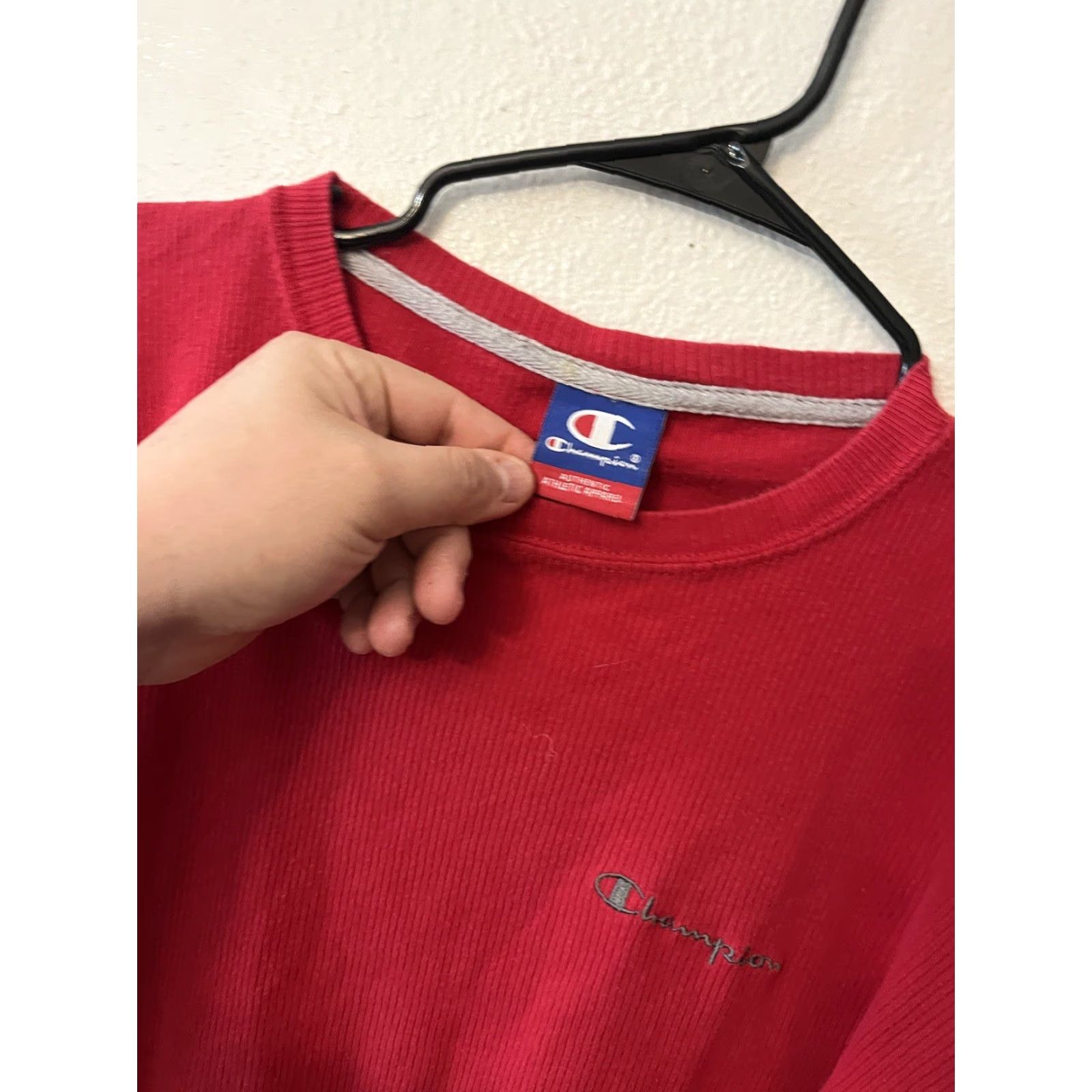 Champion VINTAGE Champion Mens T-Shirt Ribbed Knit Short Sleeve Crew Neck Red XL 90s Size US XL / EU 56 / 4 - 3 Thumbnail
