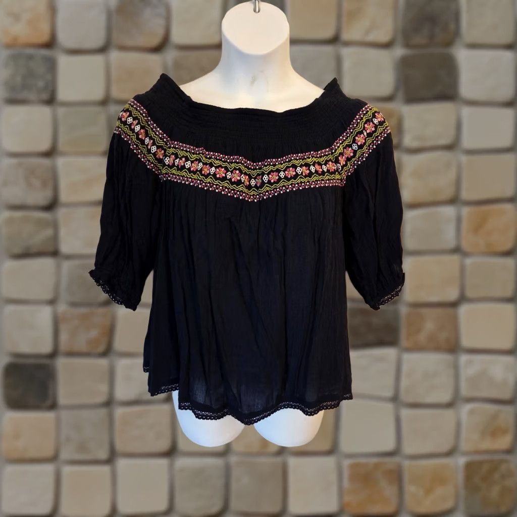 Vintage Crown & Ivy Navy Blue Floral Embroidered Smocked Trim Top Blouse Size L Womens Casual Hippie Boho Size L / US 10 / IT 46 - 1 Thumbnail