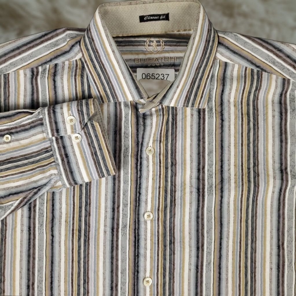 BUGATCHI Bugatchi Uomo Shirt Mens Large Gray Beige Striped Classic Fit Button Up Long Size US L / EU 52-54 / 3 - 1 Thumbnail