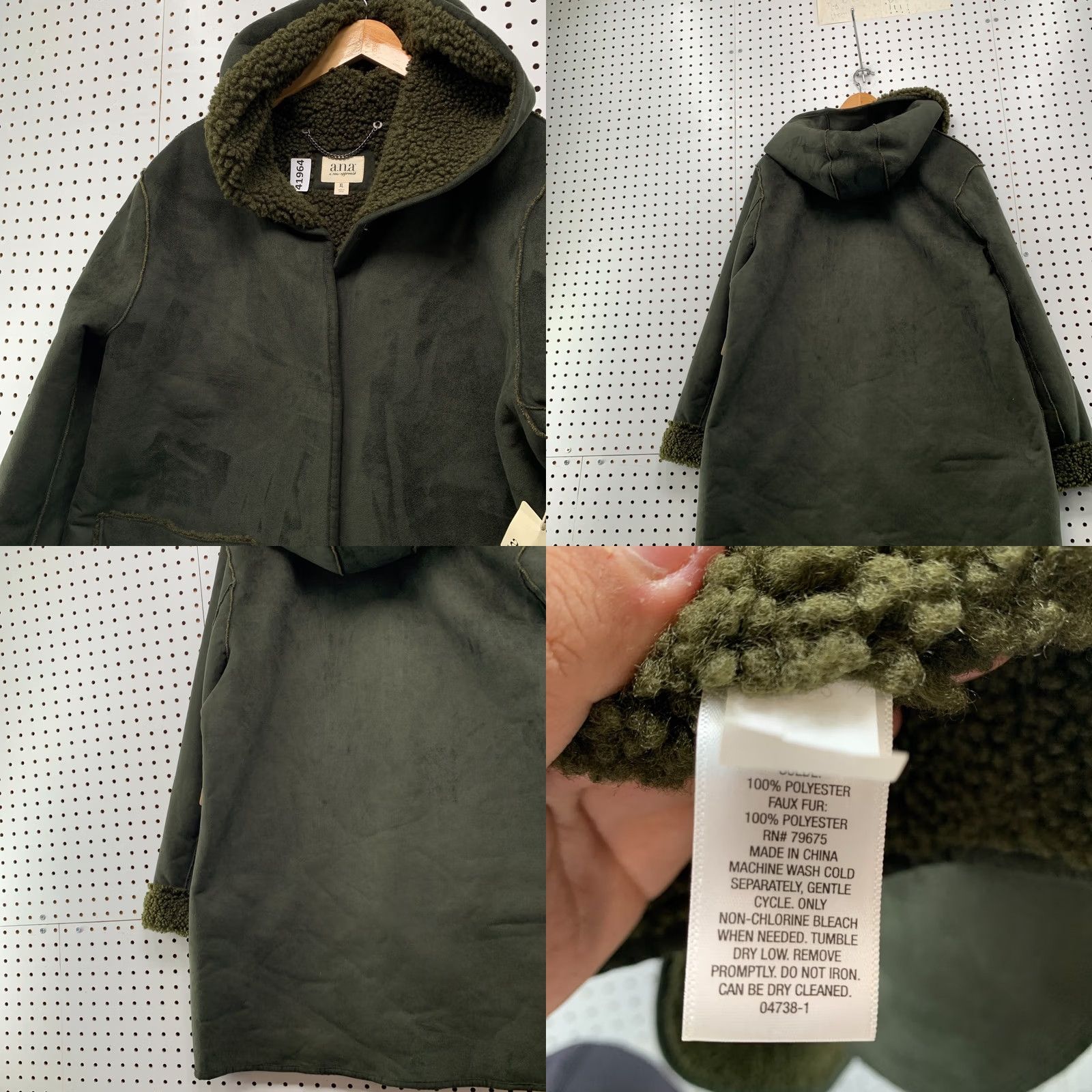 Olive ANA Faux Shearling Hooded Coat Womens XL Olive Green Sherpa Lined 25x34.5 Coat, Winter, Regular, Green, Overcoat, Jacket/Coat Long Size XL / US 12-14 / IT 48-50 - 10 Thumbnail