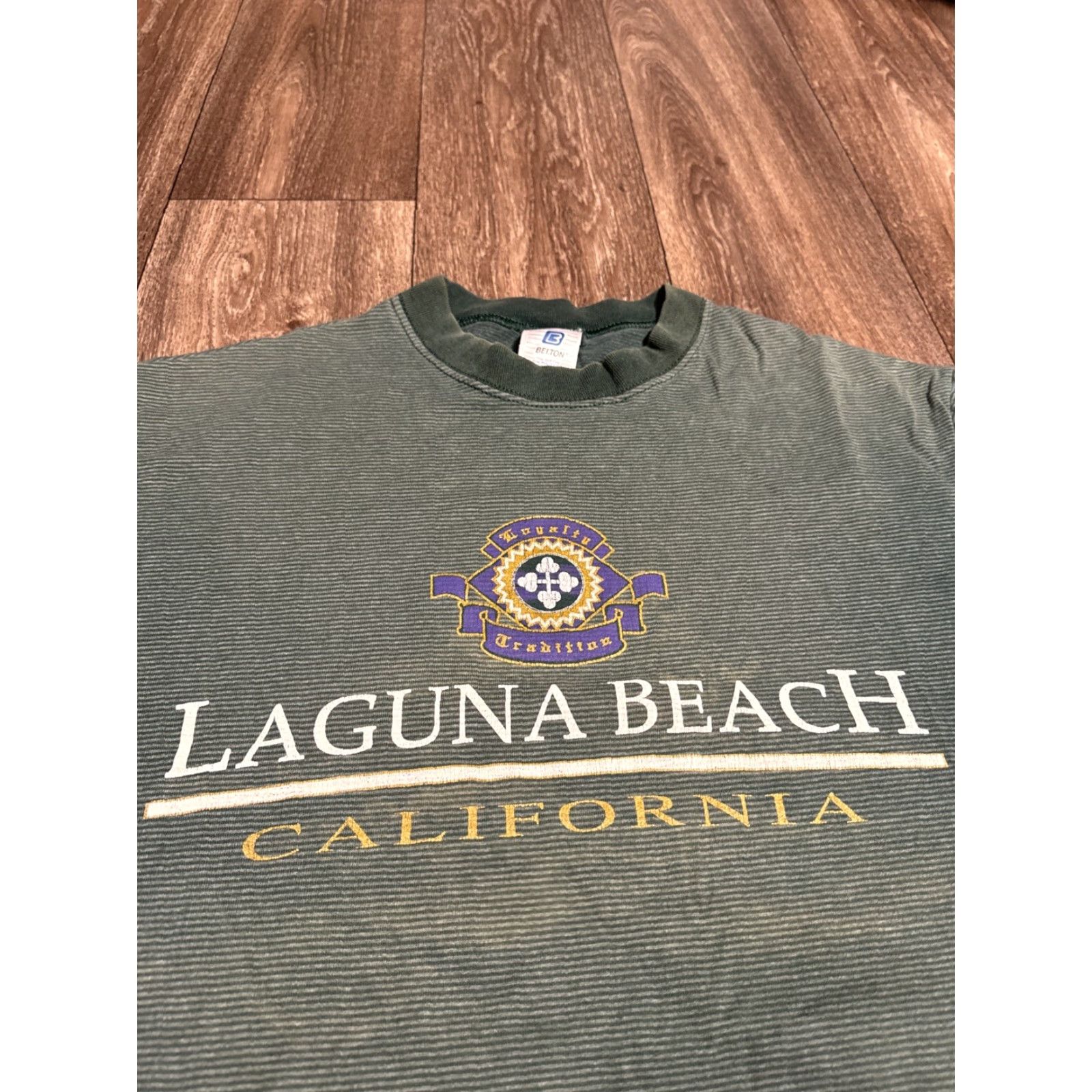 Vintage VINTAGE 90s Laguna Beach California Green Striped T-Shirt Belton Men L Size US L / EU 52-54 / 3 - 4 Thumbnail