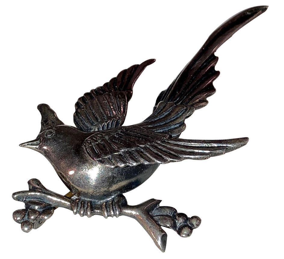 Designer Mexican Sterling Silver Bird Perching on Branch Pin Size ONE SIZE - 4 Thumbnail