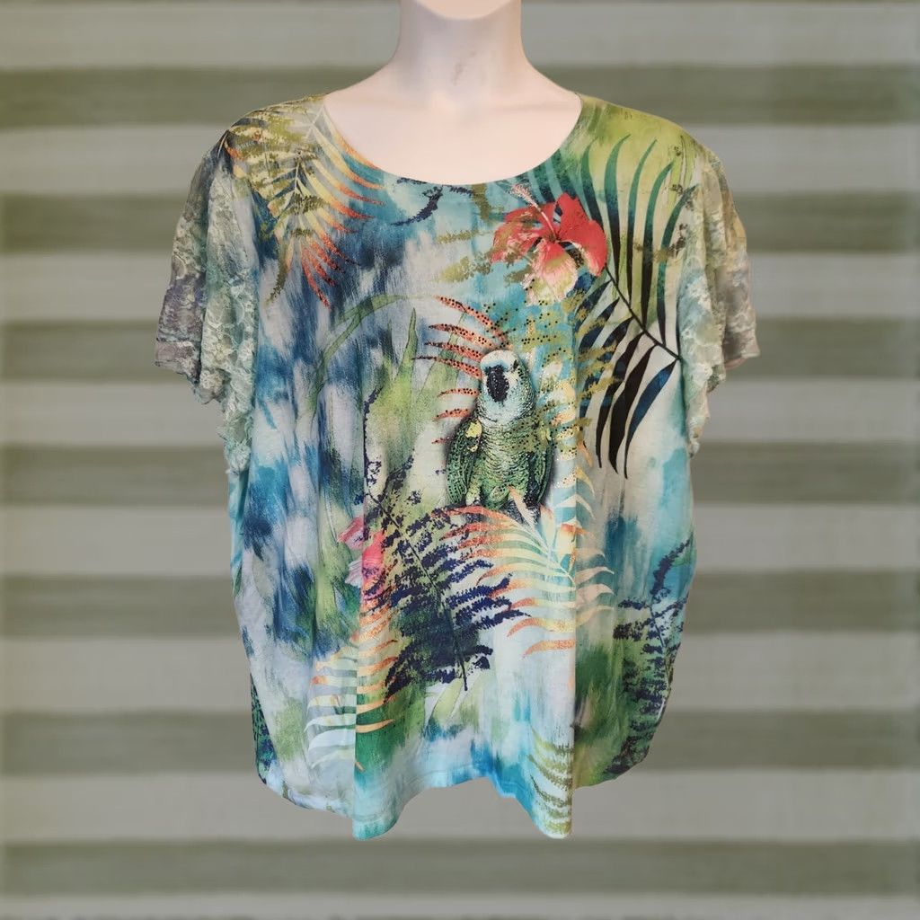 Essentials Essentials Blouse Multicolor Studded Bird Tropical Design Lace Sleeve Casual Top 4X Size XXL / US 16-18 / IT 52-54 - 1 Thumbnail