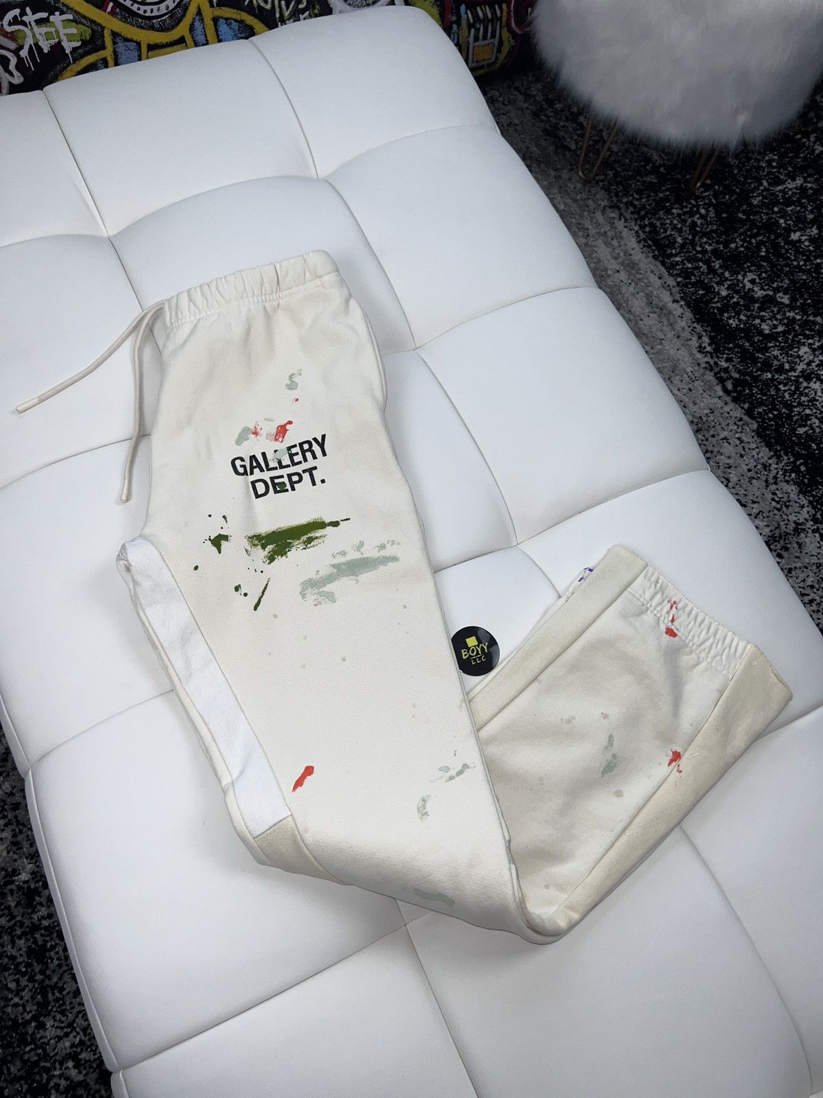 image of Gallery Dept Paint Splatter Flare Sweatpants Large in Cream, Men's (Size 34)