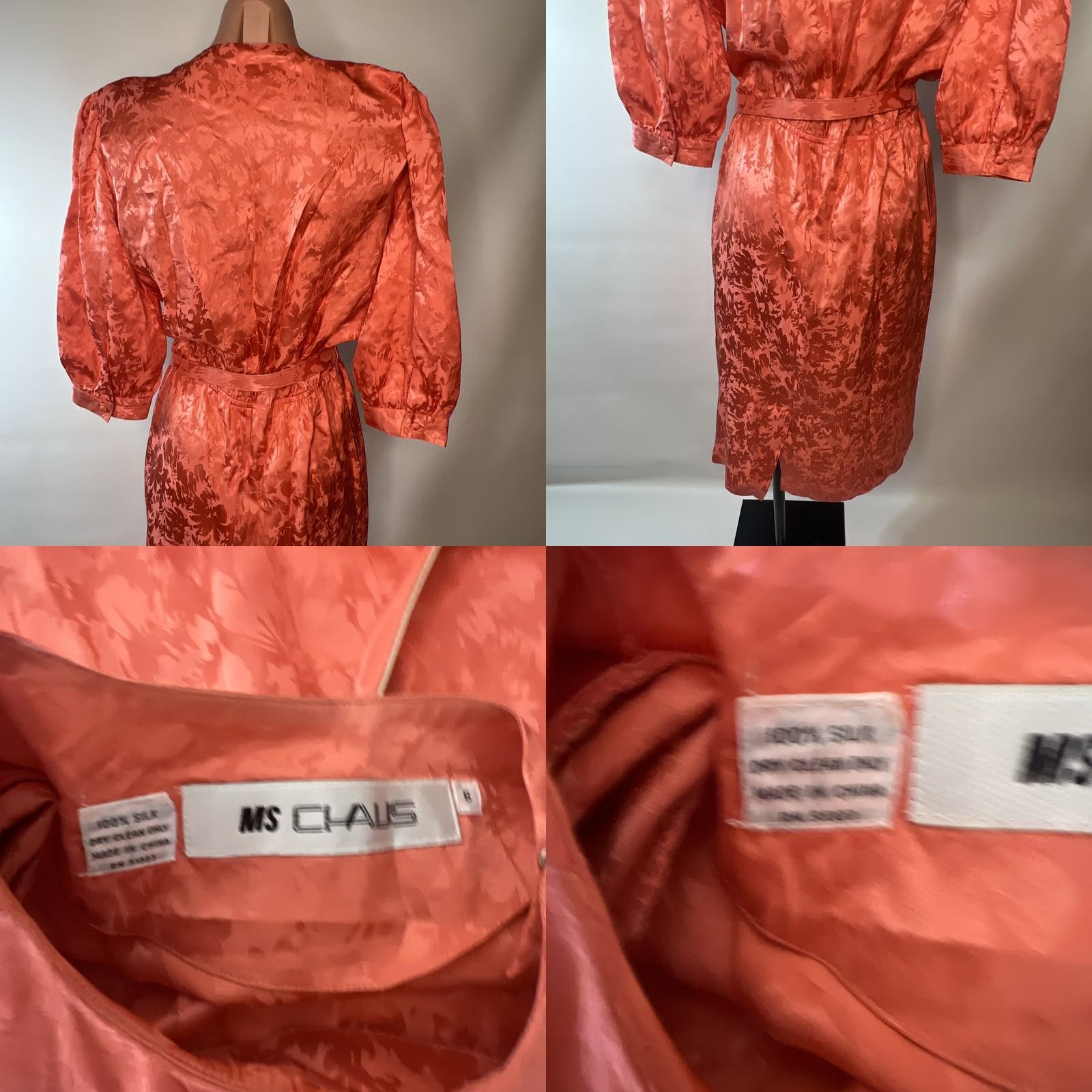 Vintage VINTAGE Ms Chaus Silk Dress Belted Floral Coral Pink 3/4 Sleeve 6 Women Dress Vintage Style, Party/Cocktail, Travel, Flower, Look Retro, China Size M / US 6-8 / IT 42-44 - 8 Thumbnail