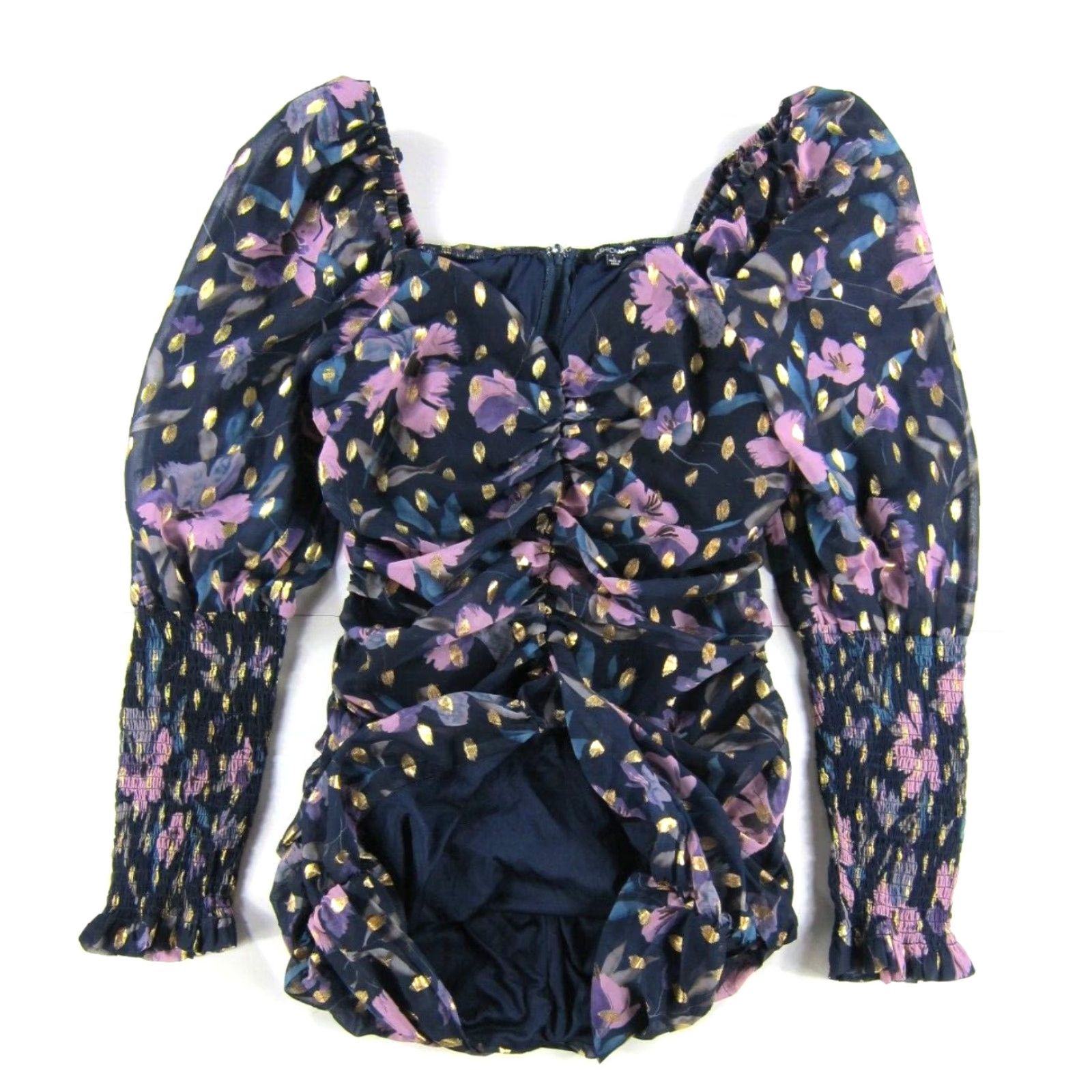Fashion Nova Fashion Nova Blue Floral Mini Dress Long Puff Sleeve Ruched Large Women Size L / US 10 / IT 46 - 5 Thumbnail