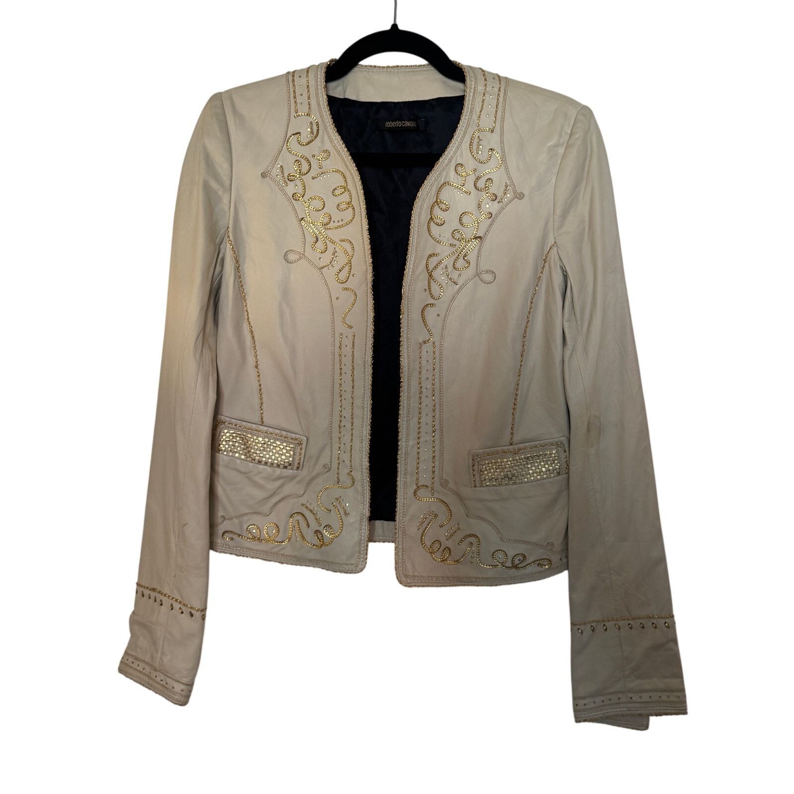 Roberto Cavalli ROBERTO CAVALLI Women Leather Jacket Beige Size S / US 4 / IT 40 - 1 Thumbnail