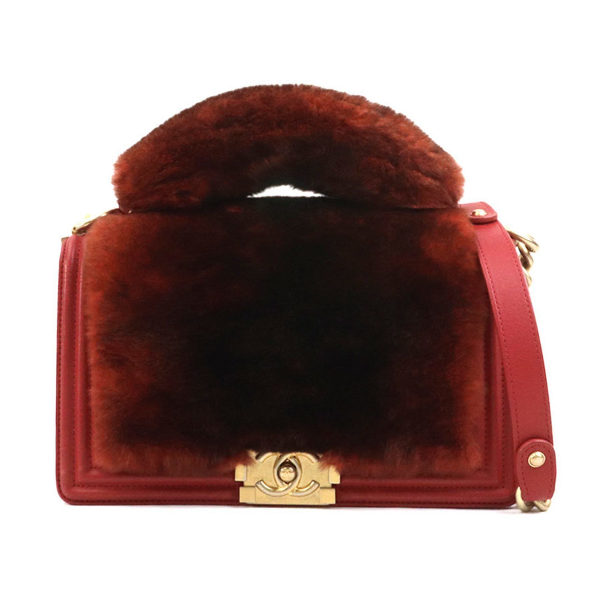 CHANEL Handbag Shoulder Bag Boy Chanel Fur Leather Brown Red Gold Women's e60018a
