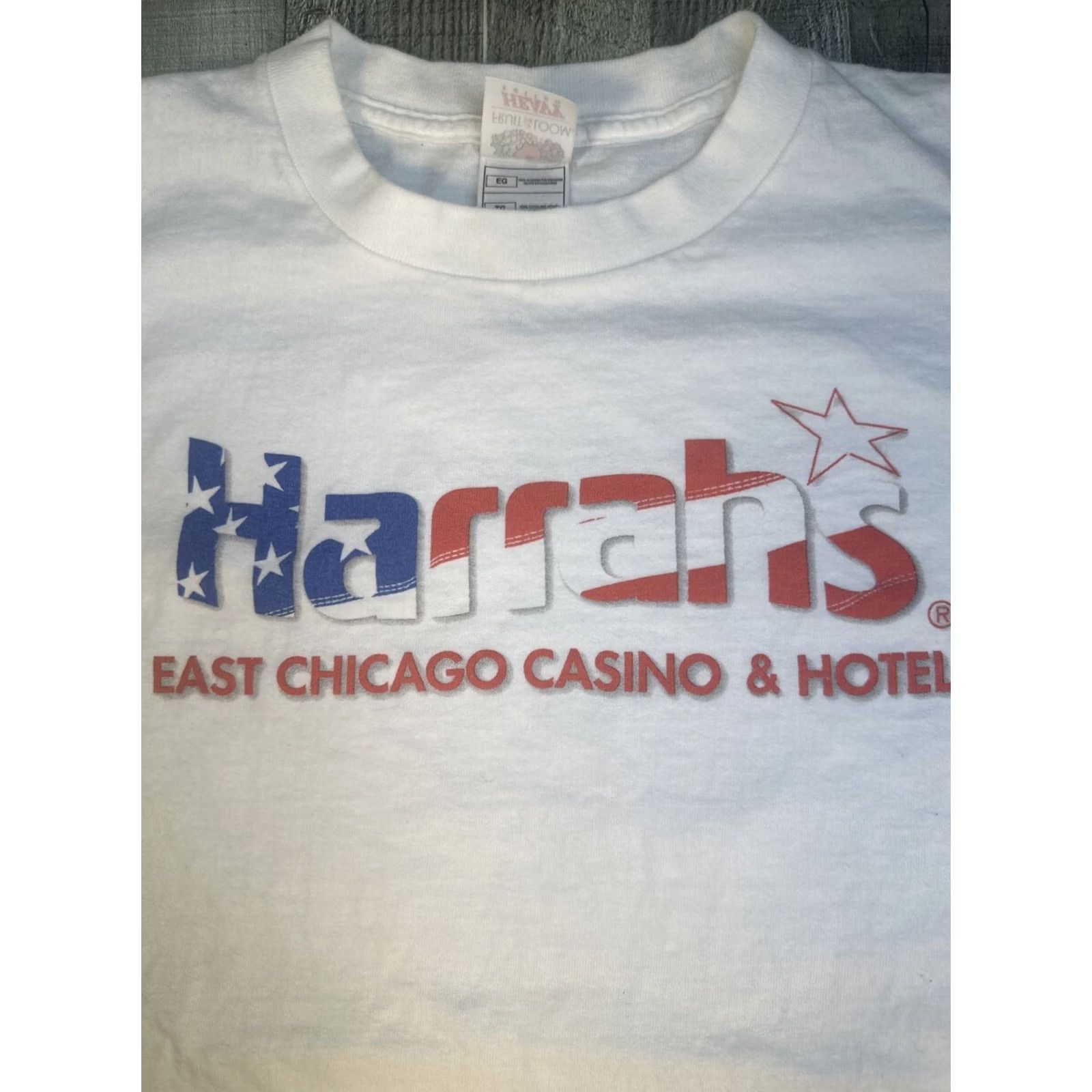 Logo 7 VINTAGE Harrah’s East Chicago Casino Hotel T-Shirt XL USA Flag Logo Shirt Mens White Size US XL / EU 56 / 4 - 2 Thumbnail